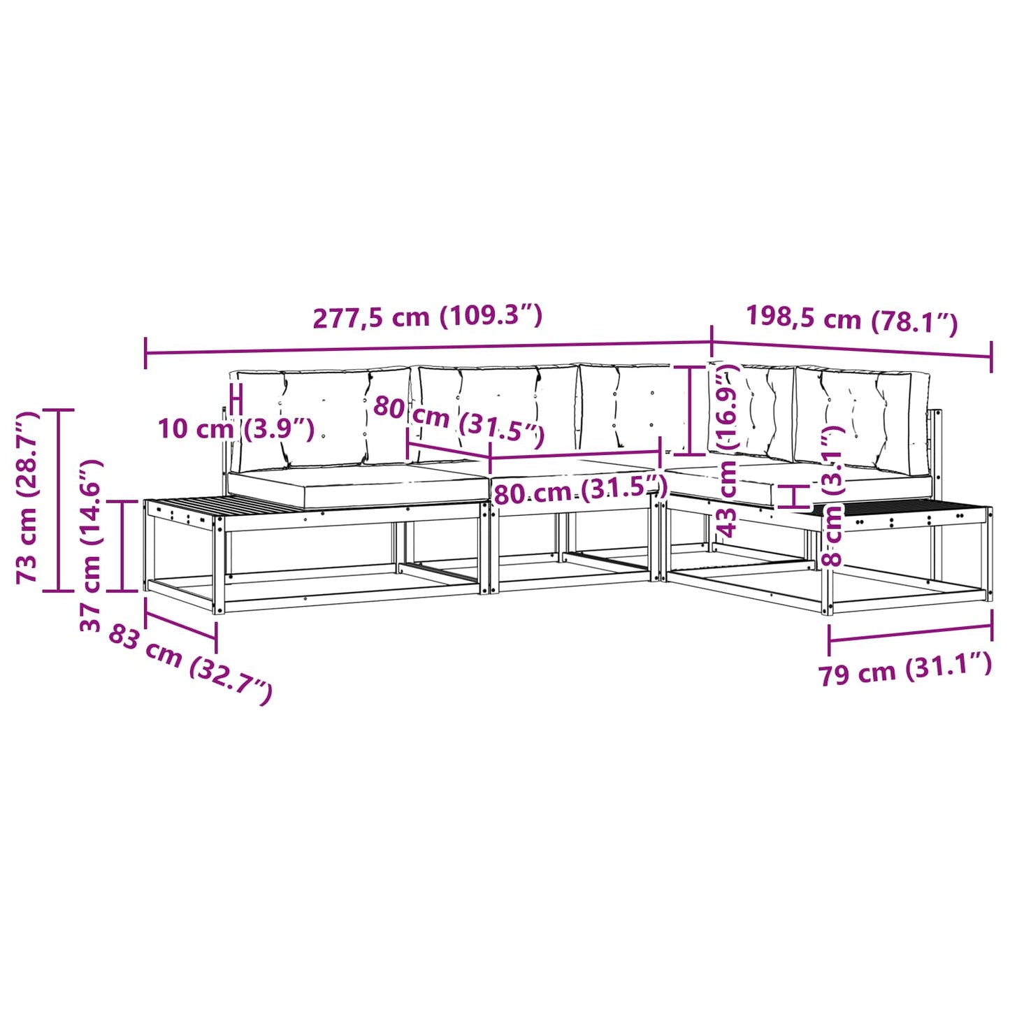 vidaXL Σειρά Καναπέ Εξωτερικού Λευκό 277,5 x 198,5 x 73 εκ Πολυεστέρας