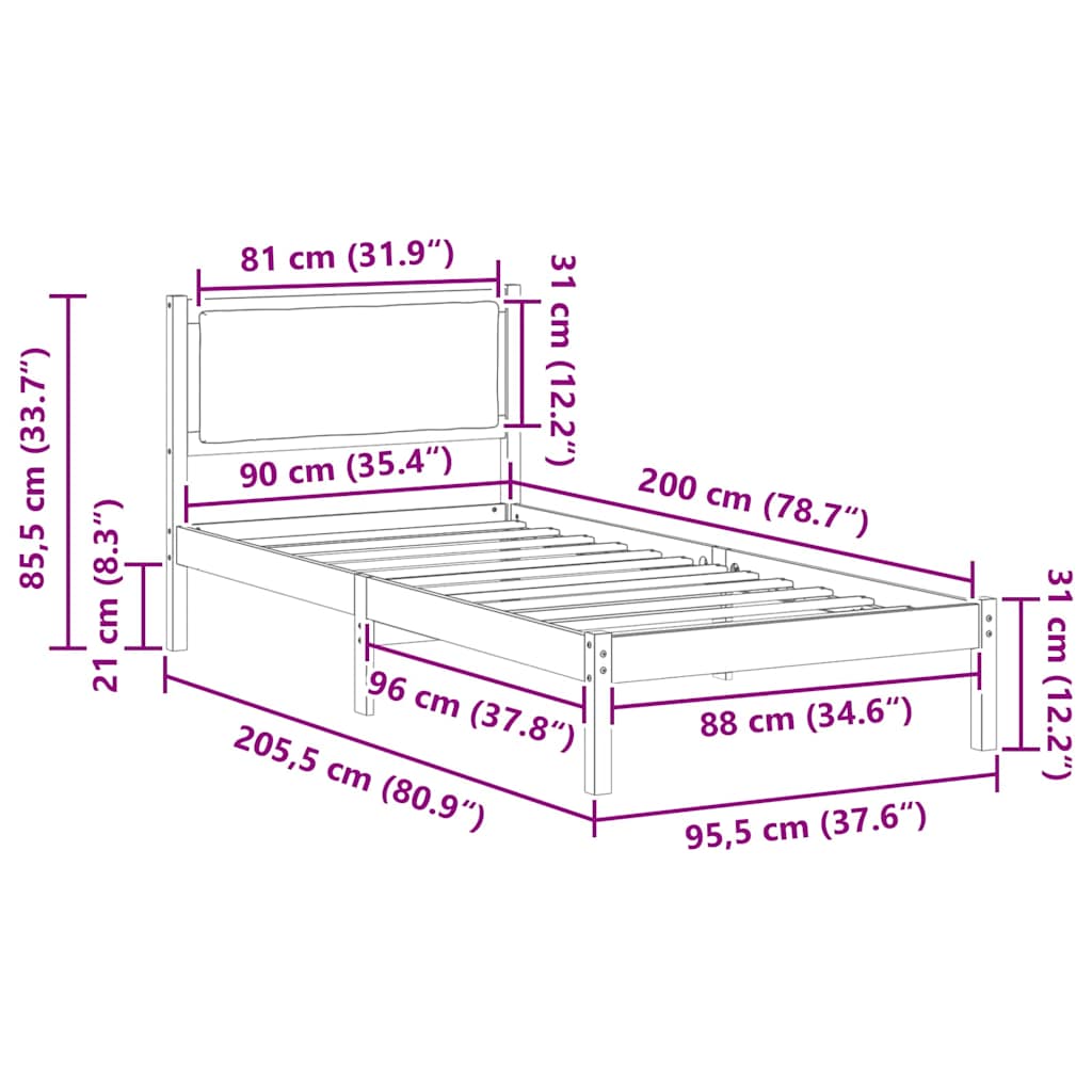 vidaXL Σκελετός Κρεβατιού Σκούρο Γκρι 90 x 200 cm Στερεά ξυλεία πεύκου