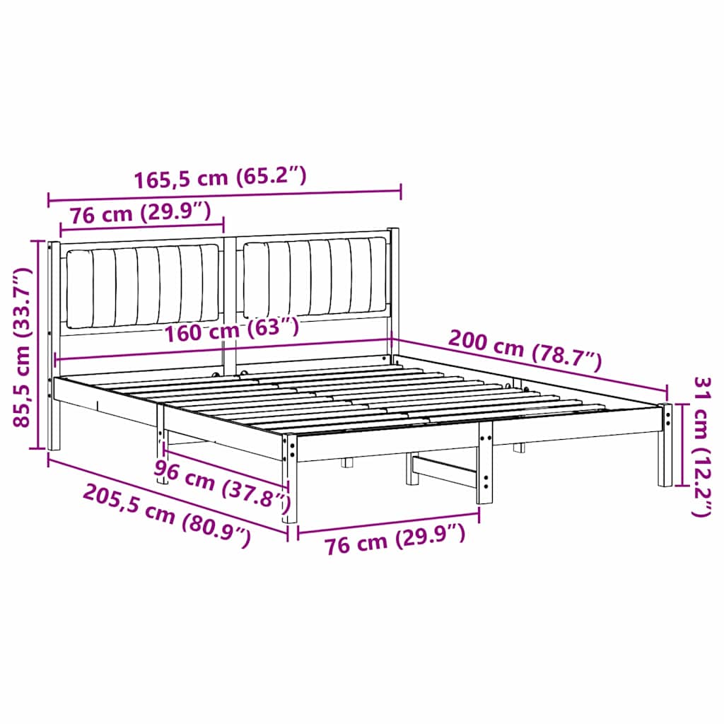 vidaXL Σκελετός Κρεβατιού με Επενδεδυμένο Κεφαλάρι Μαύρο 160 x 200 cm