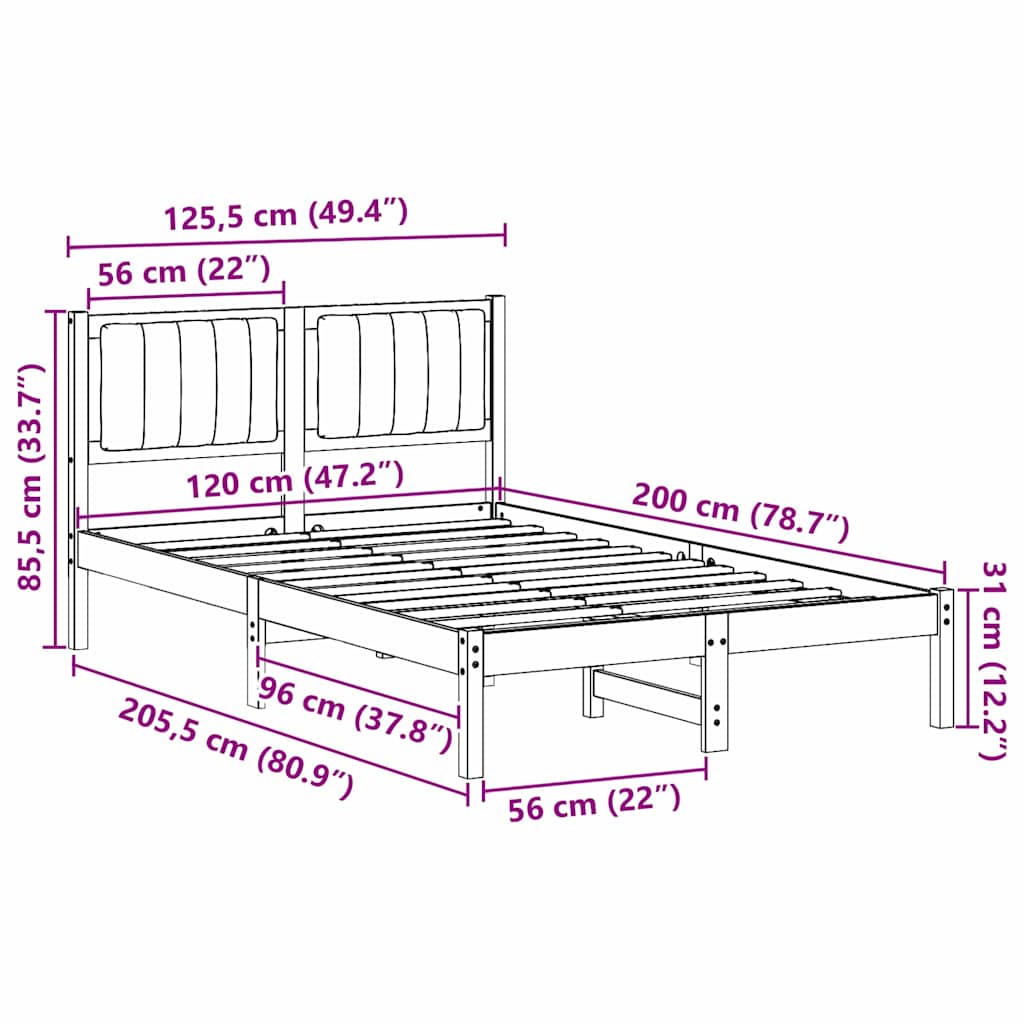 vidaXL Σκελετός Κρεβατιού με Επενδεδυμένο Κεφαλάρι Μαύρο 120 x 200 cm
