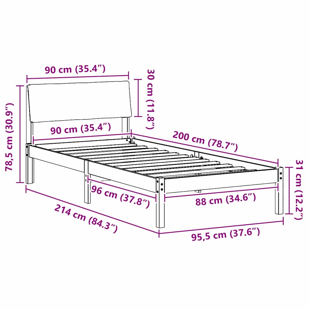 vidaXL Σκελετός Κρεβατιού Καφέ και μαύρο 90 x 200 cm Μασίφ ξύλο πεύκου