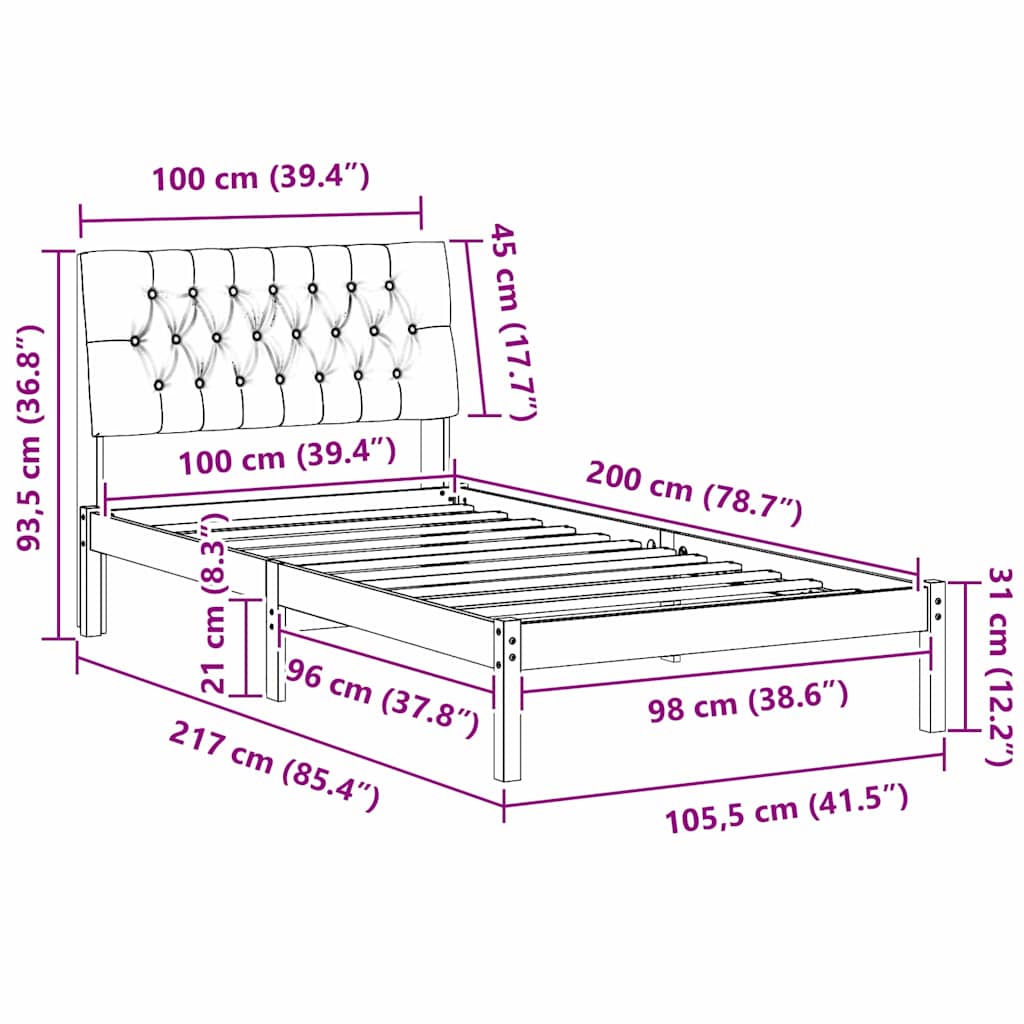 vidaXL Σκελετός Κρεβατιού με Επενδεδυμένο Κεφαλάρι Καφέ 100 x 200 cm