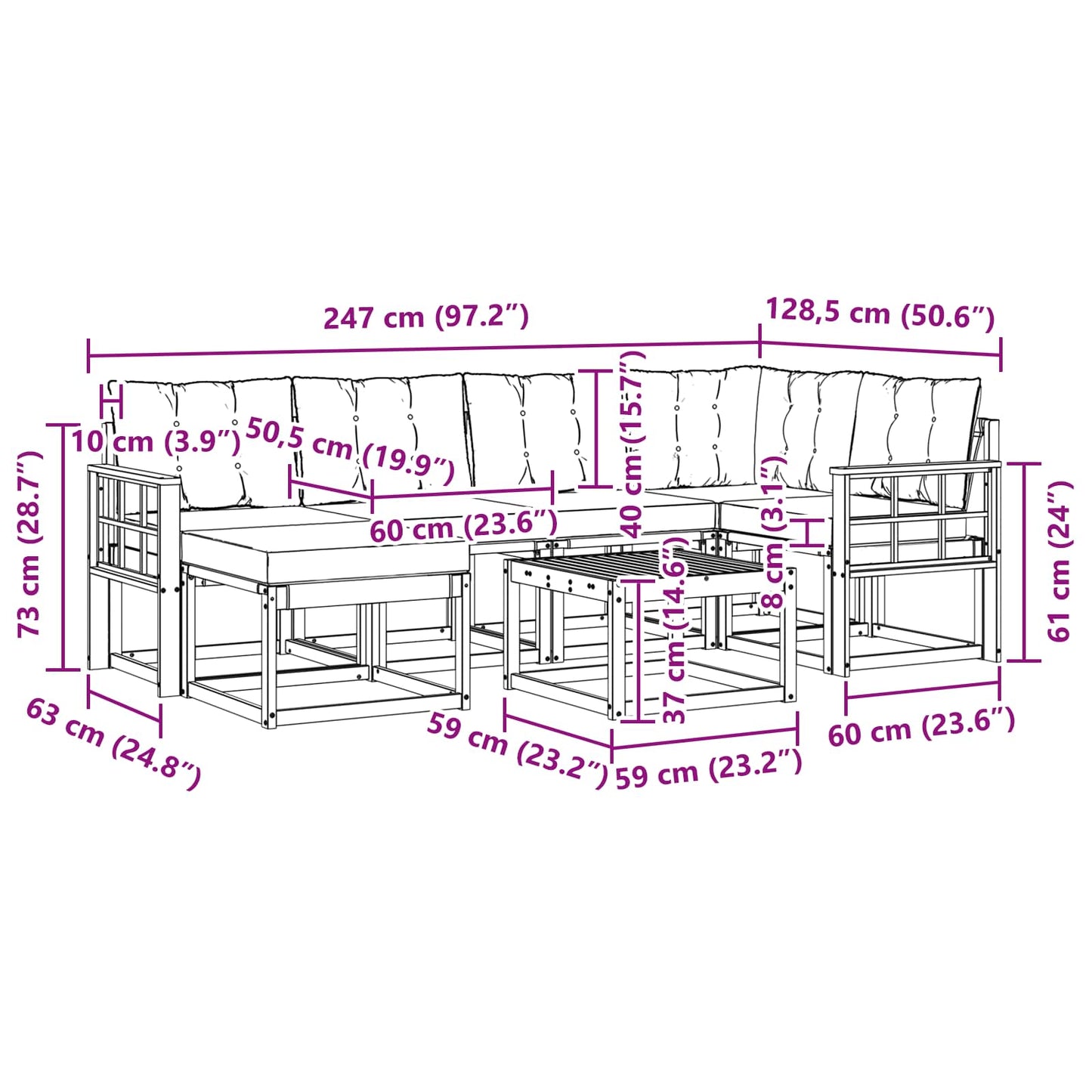 vidaXL Σειρά Καναπέ Εξωτερικού με μαξιλάρι 7 pcs Λευκό και Μαύρο