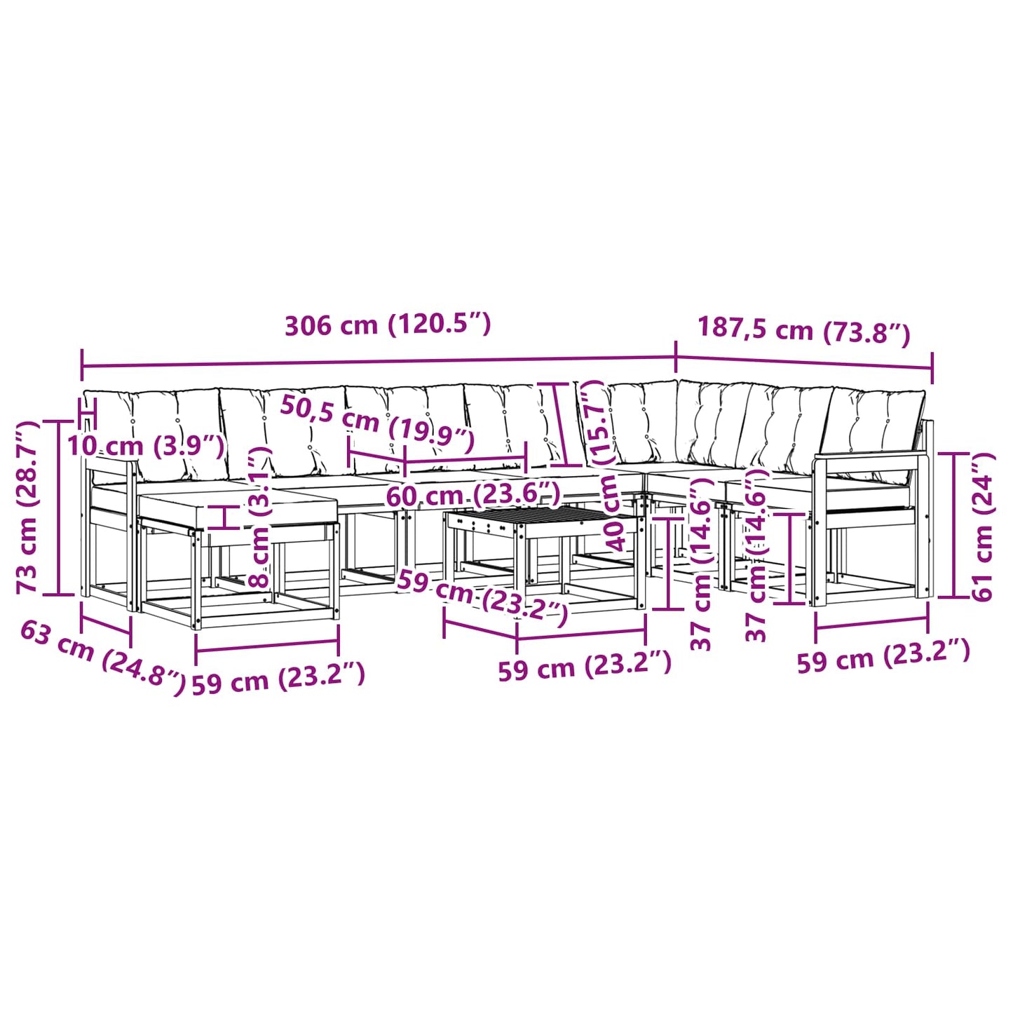 vidaXL Σειρά Καναπέ Εξωτερικού με μαξιλάρι 9 pcs Λευκό και Μπεζ