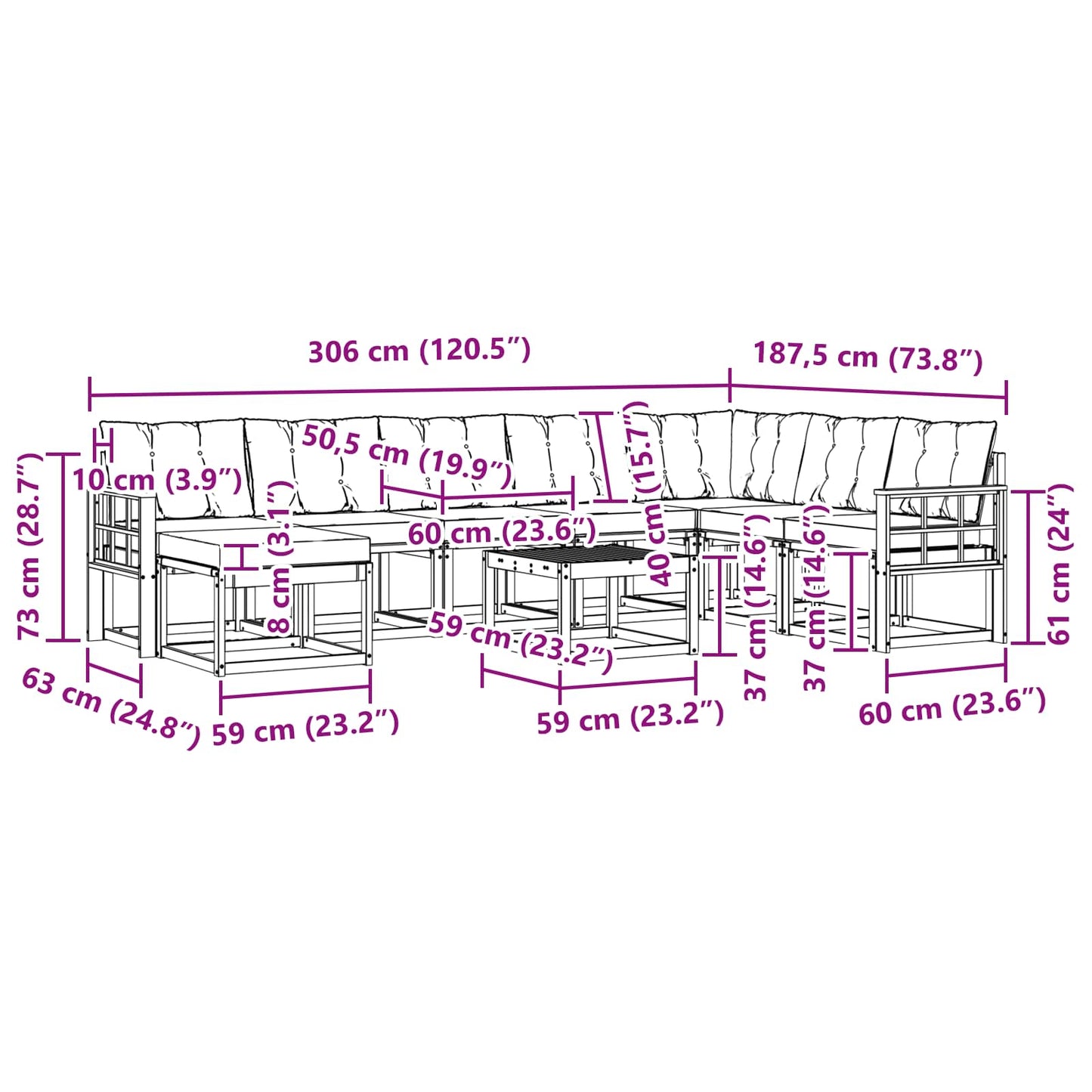 vidaXL Σειρά Καναπέ Εξωτερικού με μαξιλάρι 9 pcs Λευκό και Μαύρο