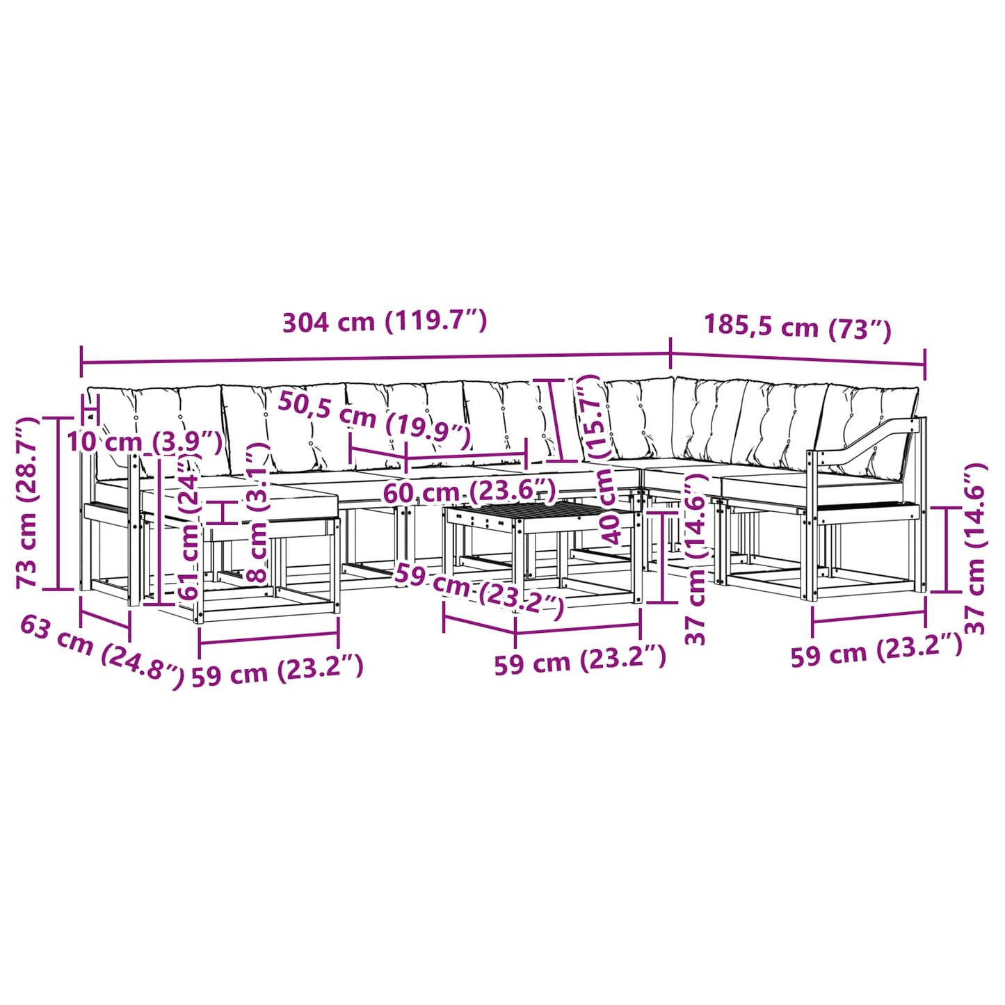 vidaXL Σειρά Καναπέ Εξωτερικού με μαξιλάρι 9 pcs Λευκό και Κρεμ