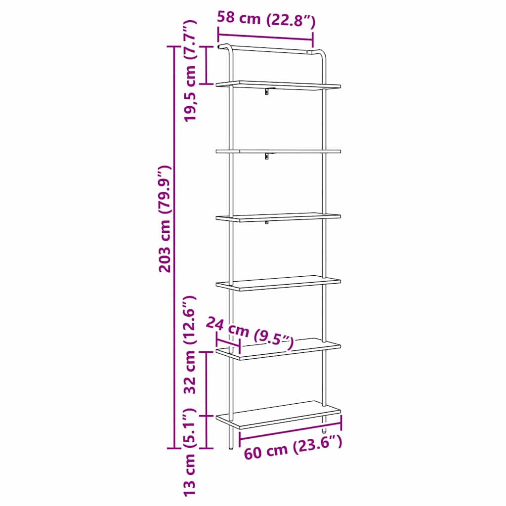 vidaXL Ράφι Βιβλίων Γκρίζο Σονομα 60 x 24 x 203 εκ Επεξεργασμένο ξύλο