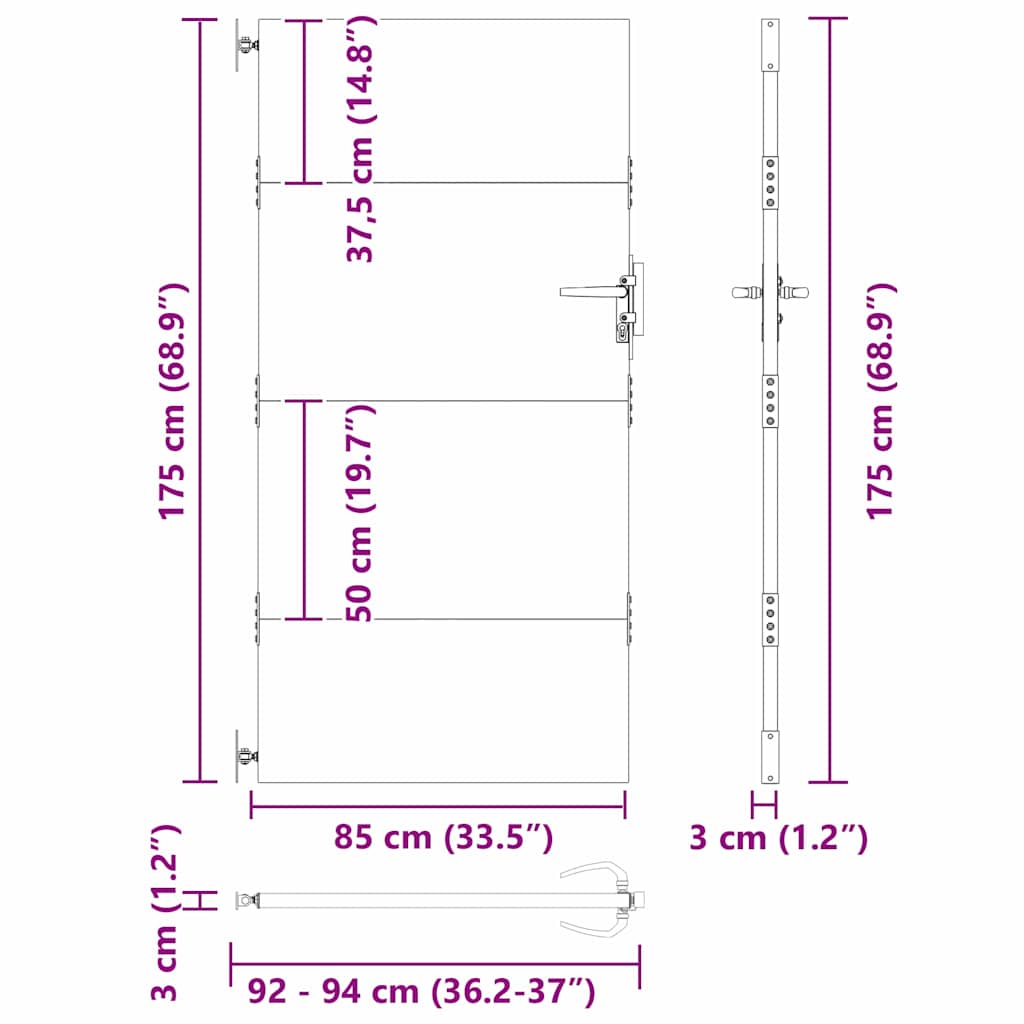 vidaXL Πύλη Κήπου Μαύρο 85 x 175 cm Ατσάλι με Επικάλυψη Πούδρας