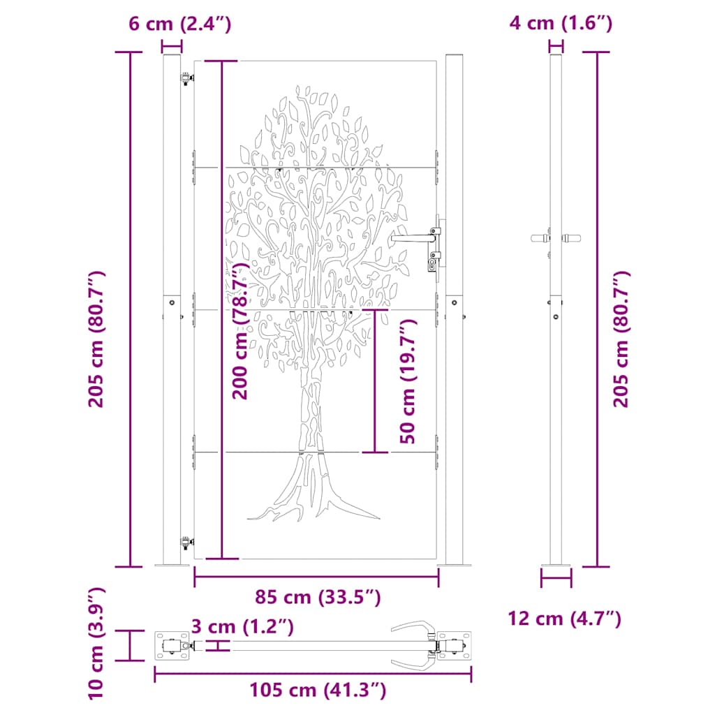 vidaXL Πύλη Κήπου Μαύρο 105 x 200 cm Ατσάλι με Επικάλυψη Πούδρας