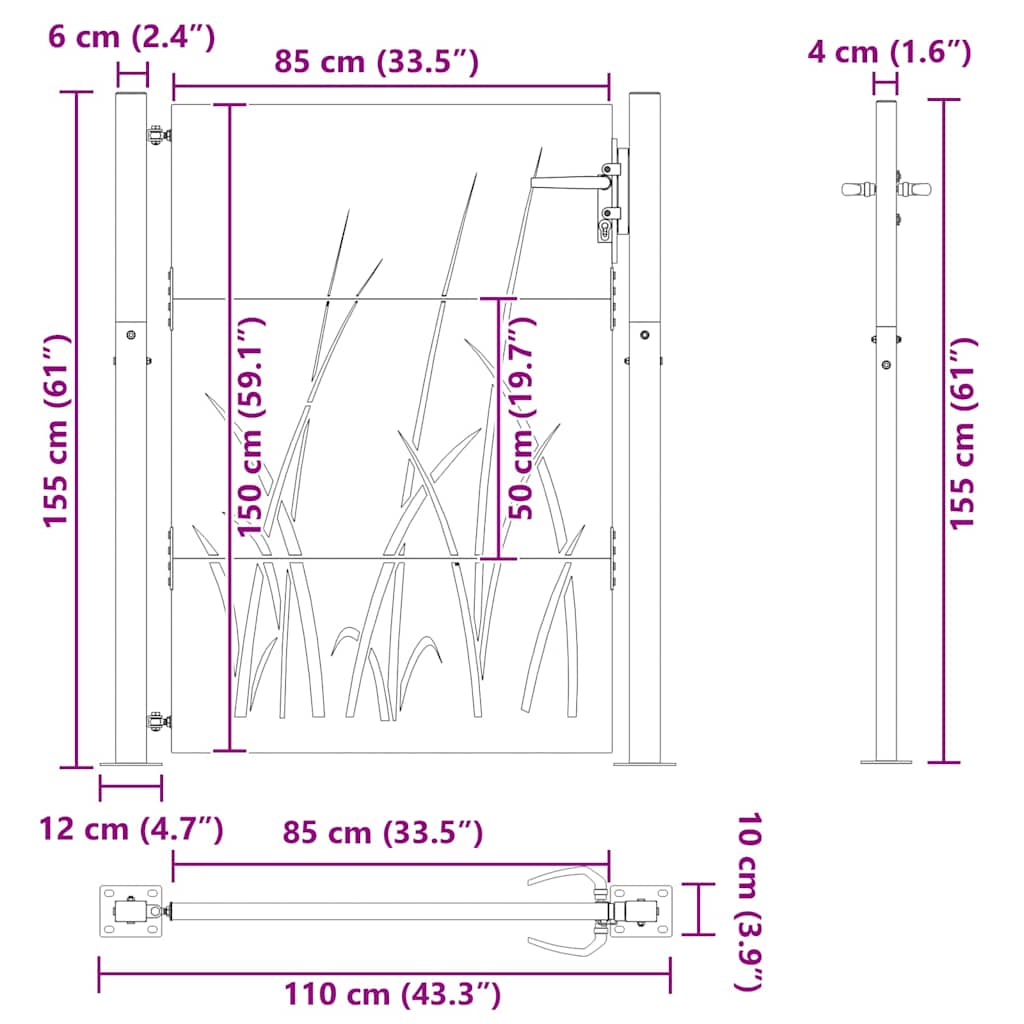 vidaXL Πύλη Κήπου Μαύρο 110 x 155 εκ Ατσάλι με Επικάλυψη Πούδρας