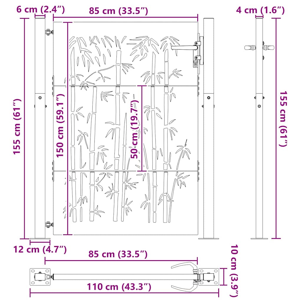 vidaXL Πύλη Κήπου Μαύρο 110 x 155 εκ Χάλυβας με επίστρωση πούδρας