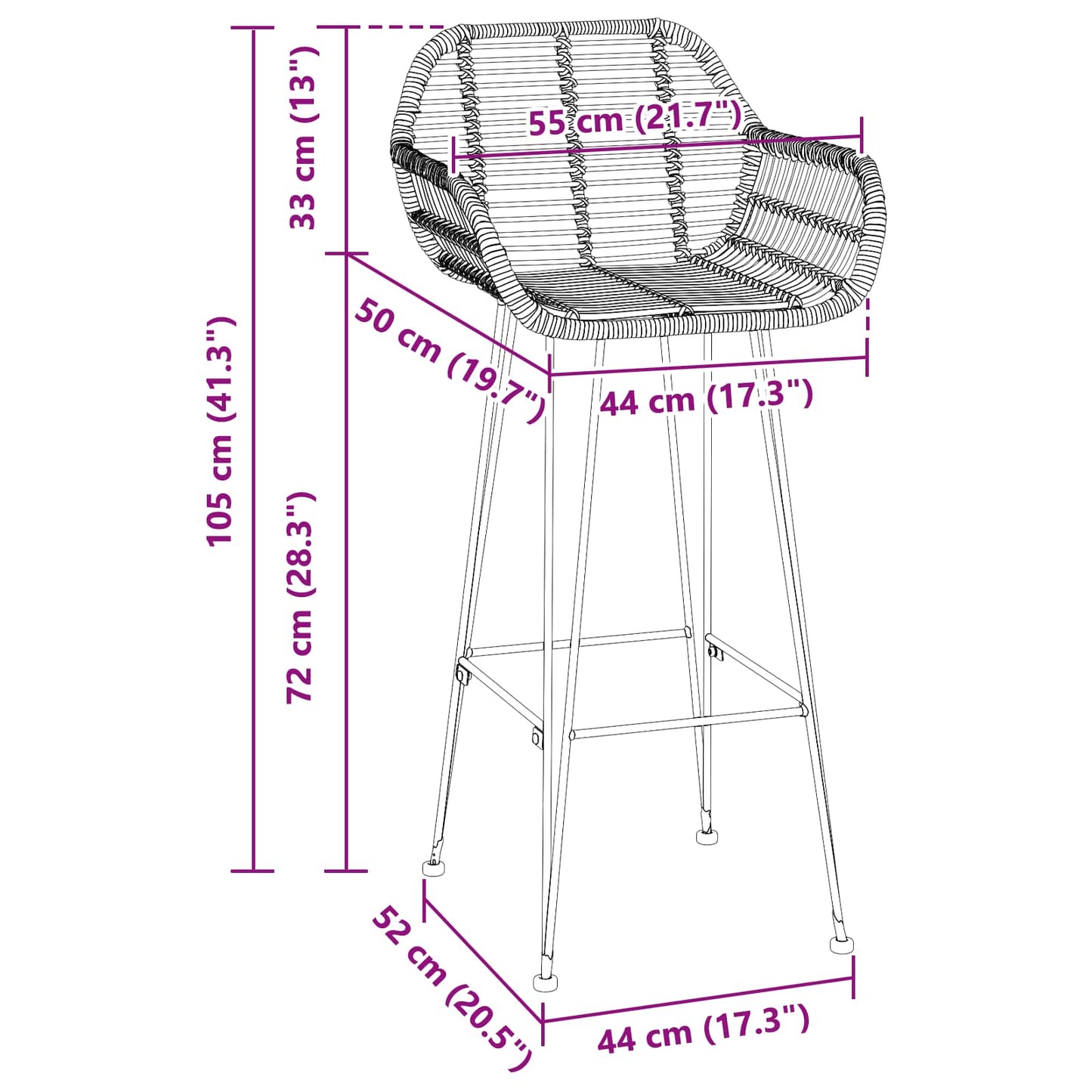 vidaXL Καρέκλα Μπαρ 2 pcs Φυσικό 55 x 52 x 105 εκ Καλάμι και Σίδερο