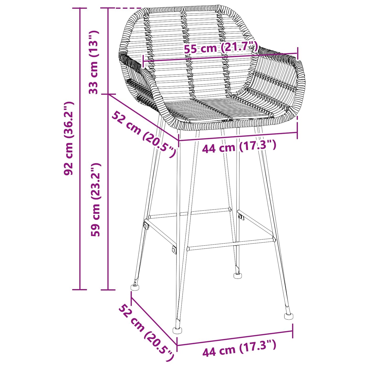 vidaXL Καρέκλα Μπαρ 2 pcs Μαύρο 55 x 52 x 92 εκ Καλάμι και Σίδερο
