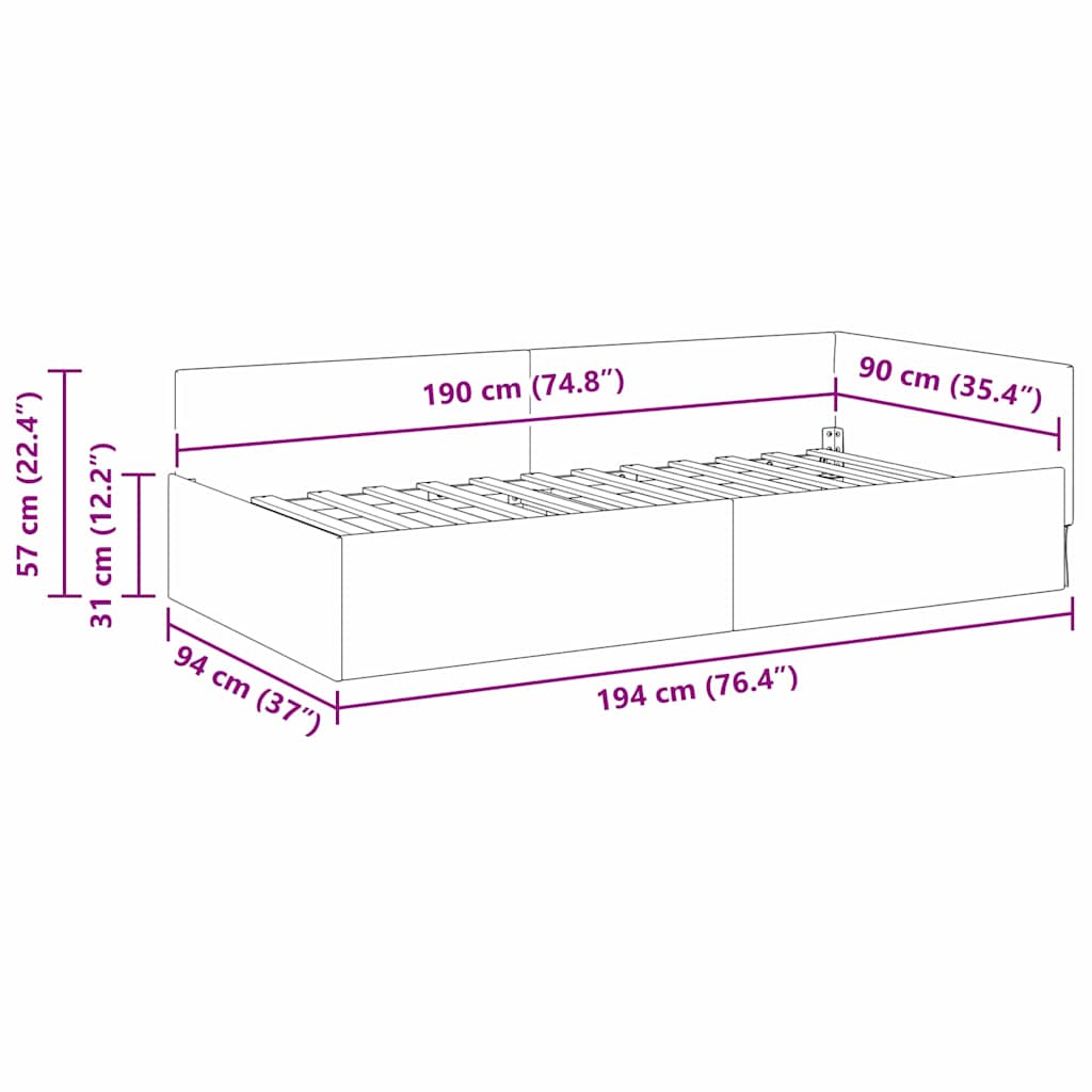 vidaXL Κρεβάτι Γωνίας Μπορντό 90 x 190 cm Ύφασμα και Έργο ξύλου