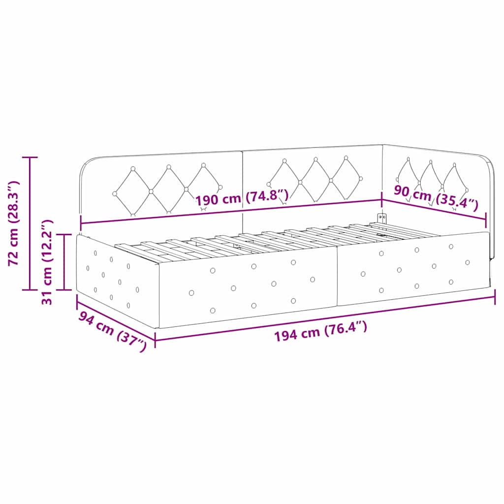 vidaXL Κρεβάτι Γωνίας Μαύρο 90 x 190 cm ύφασμα