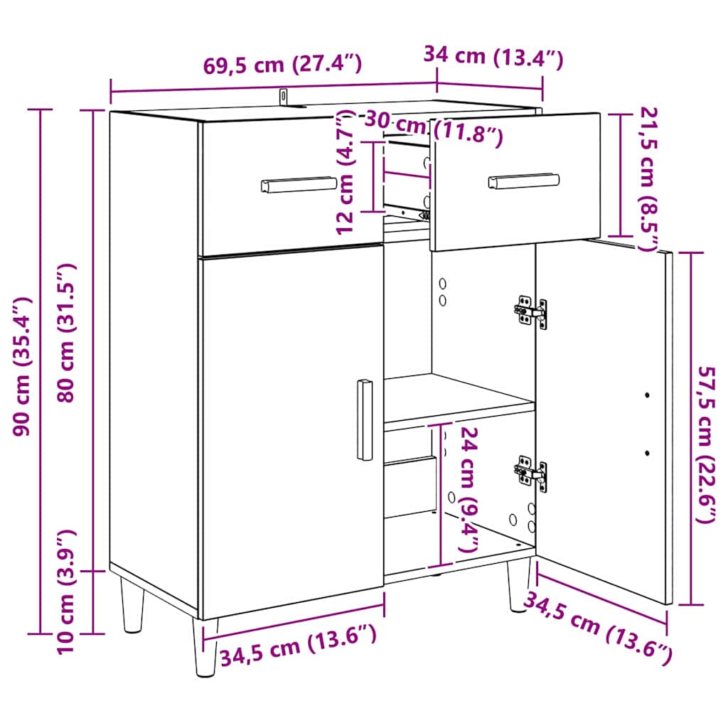 vidaXL Πλαϊνό γραφείο με συρτάρι artisan δρυς 34 x 69.5 x 89 εκ