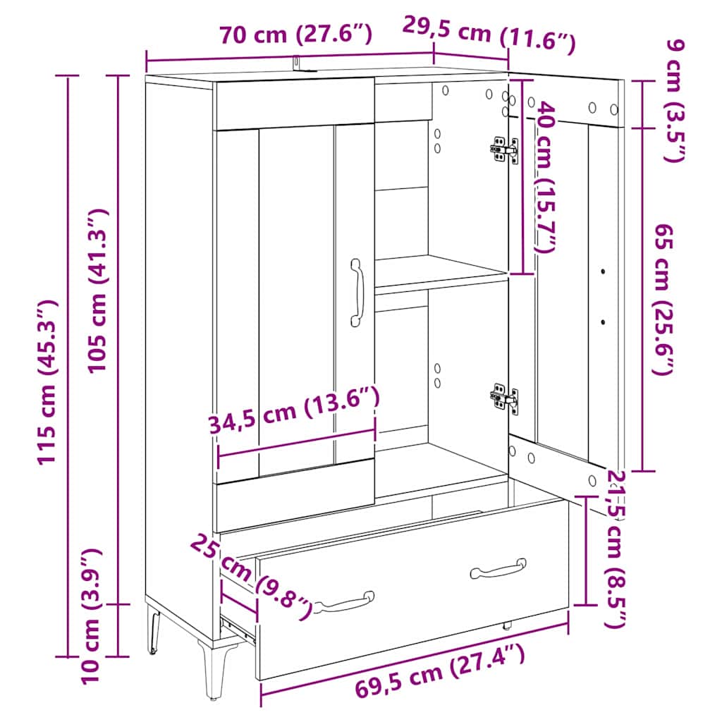 vidaXL Highboard με συρτάρι Μαύρη Οξυά 70 x 31 x 115 εκ