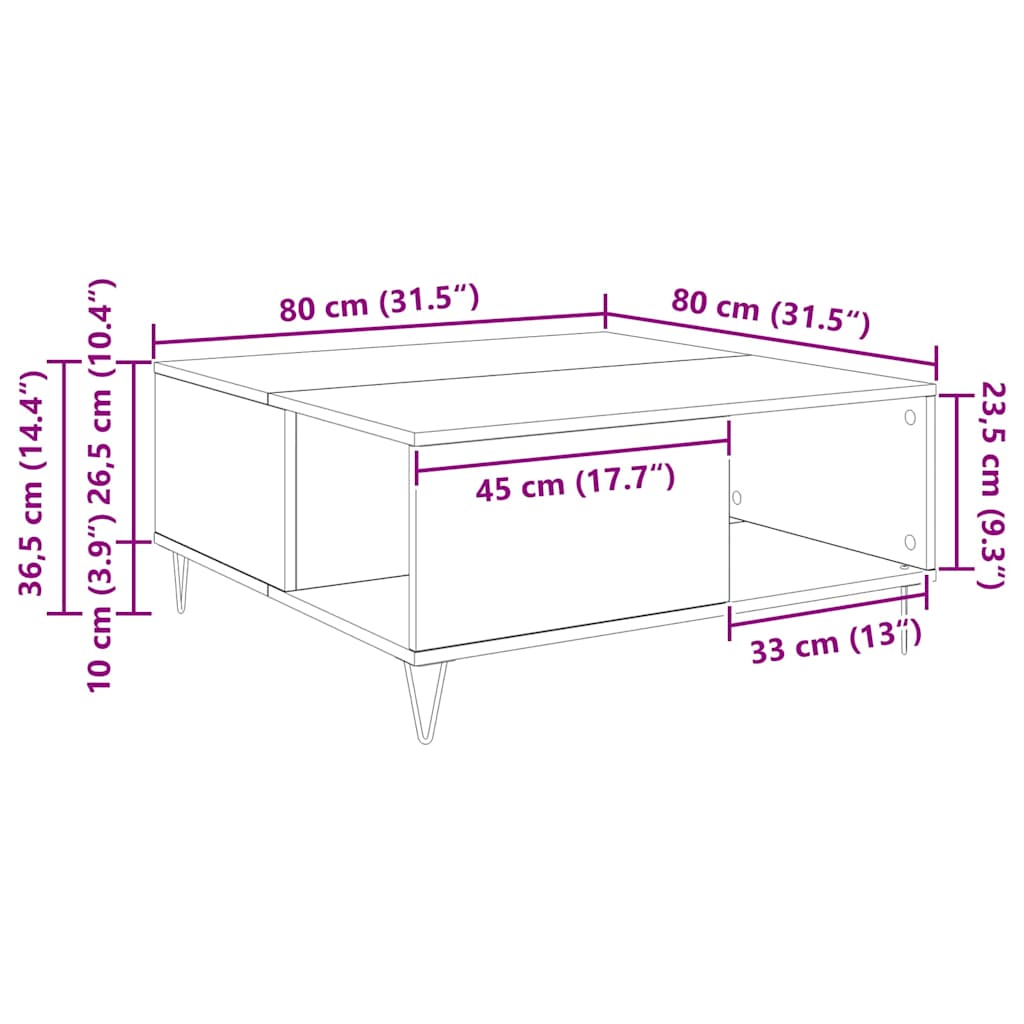 vidaXL Τραπεζάκι σαλονιού Παλιό Ξύλο 80 x 80 x 36,5 εκ