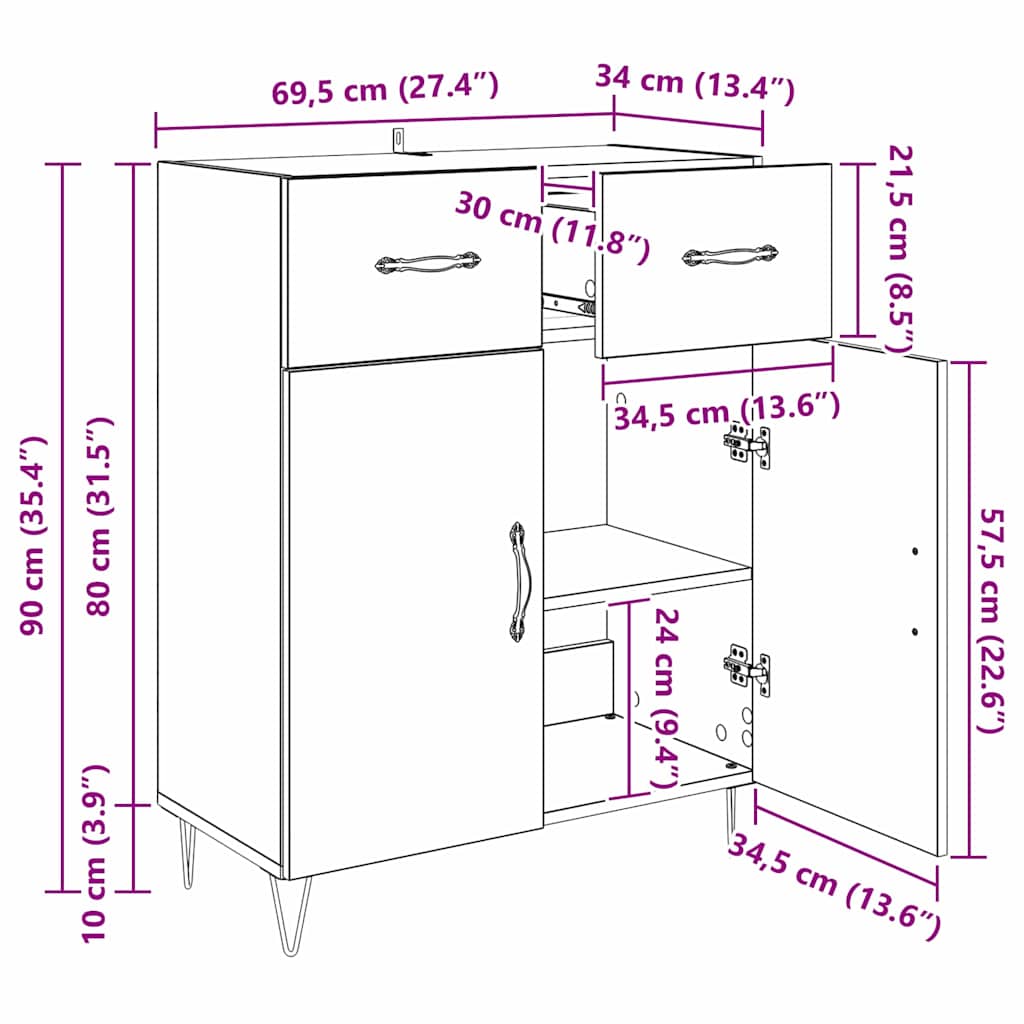 vidaXL Πλαϊνό γραφείο Παλιό Ξύλο 69,5 x 34 x 90 εκ. Επεξεργασμένο ξύλο