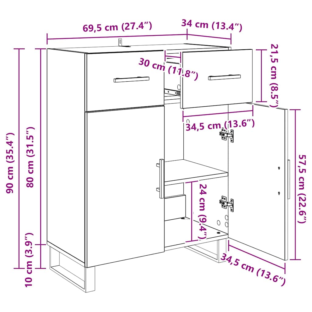 vidaXL Πλαϊνό γραφείο Μαύρη Οξυά 69,5 x 34 x 90 εκ. Επεξεργασμένο ξύλο