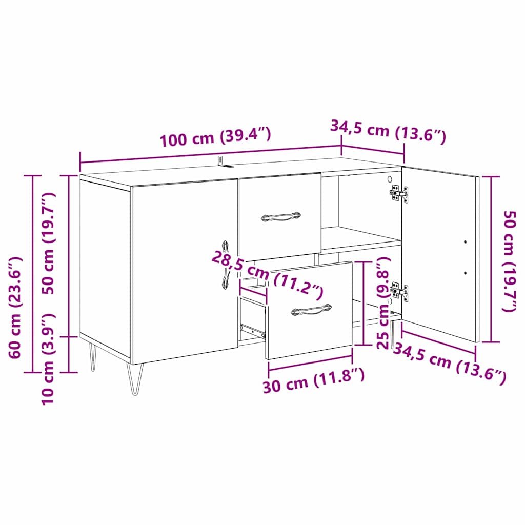 vidaXL Πλαϊνό γραφείο Μαύρη Οξυά 100 x 36 x 60 εκ. Επεξεργασμένο ξύλο