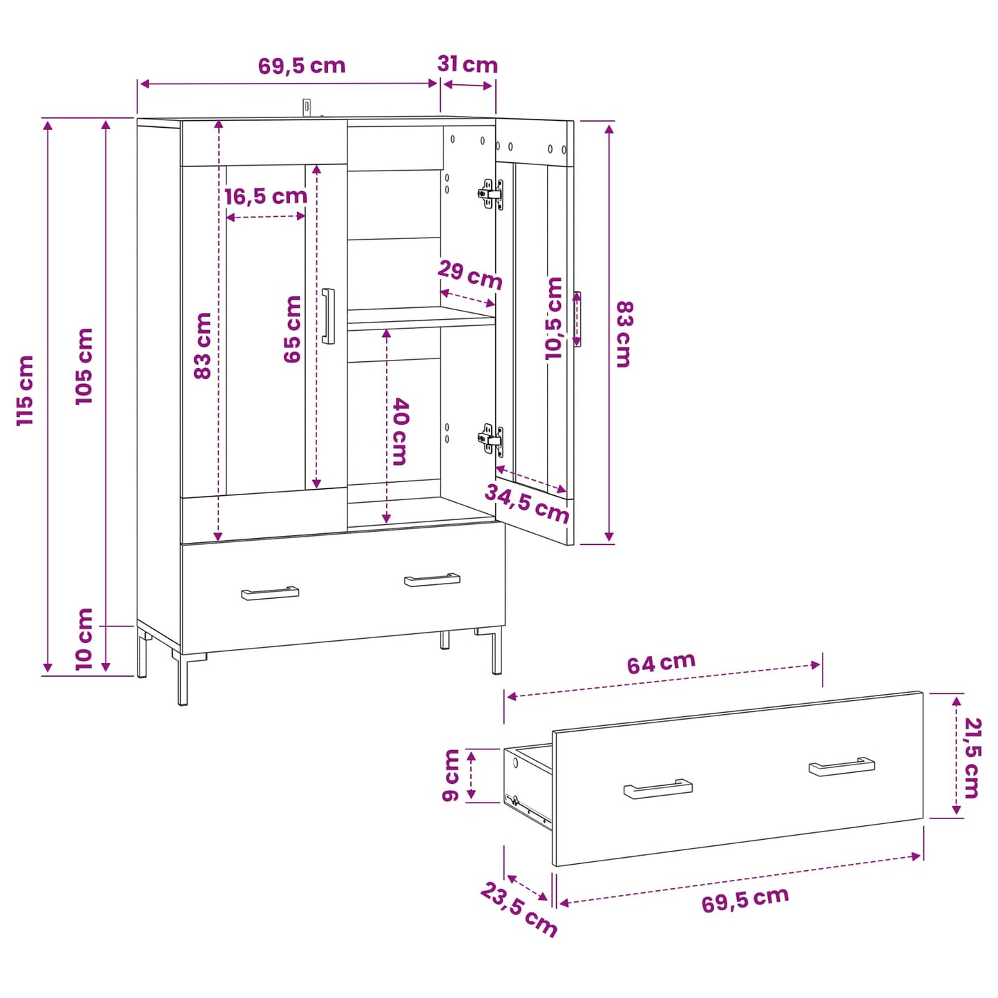 vidaXL Highboard Μαύρη Οξυά 69,5 x 31 x 115 εκ. Επεξεργασμένο ξύλο