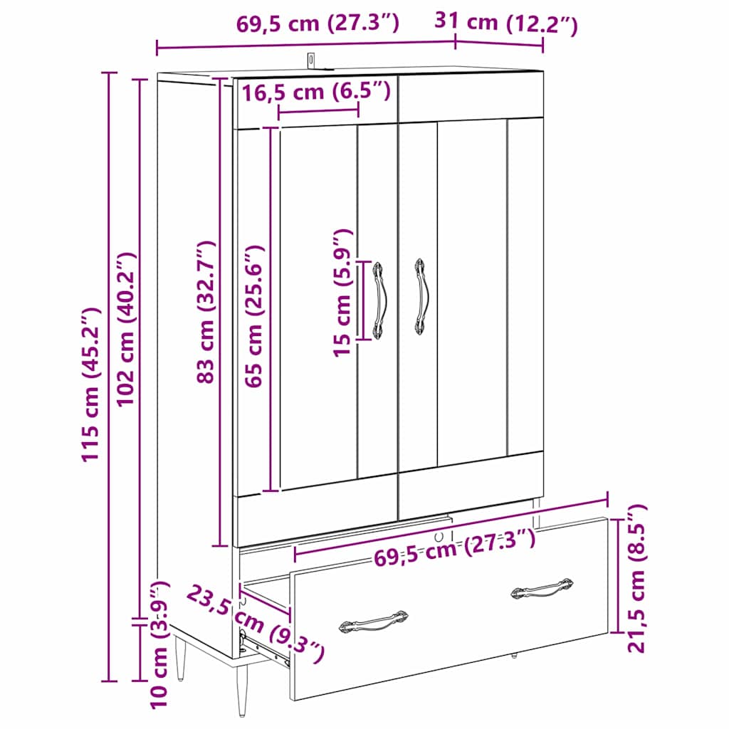 vidaXL Highboard Artisan Oak 69,5 x 31 x 115 εκ. Επεξεργασμένο ξύλο