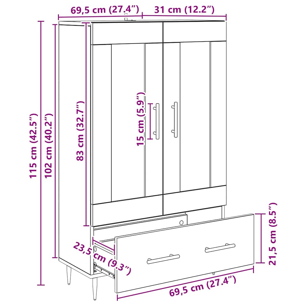 vidaXL Highboard Μαύρη Οξυά 69,5 x 31 x 115 εκ. Επεξεργασμένο ξύλο