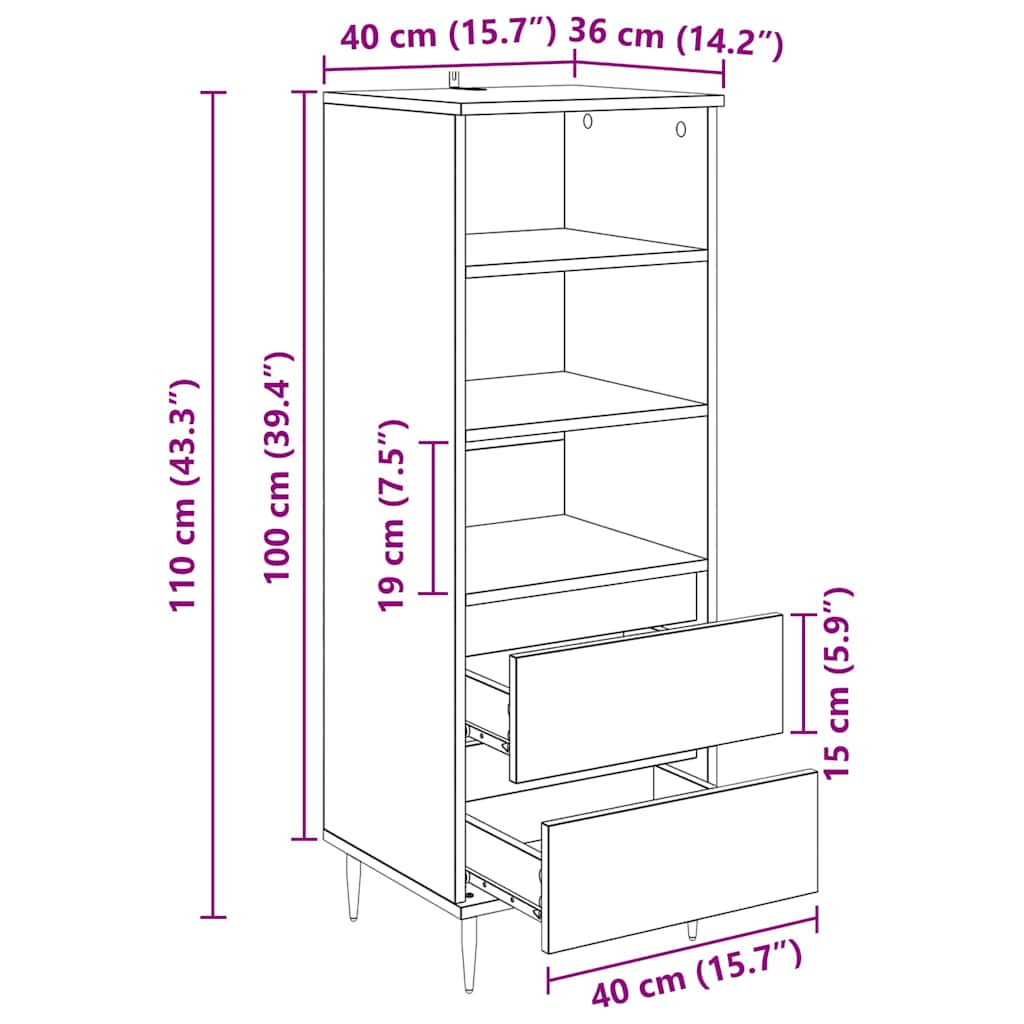 vidaXL Highboard Μαύρη Οξυά 40 x 36 x 110 εκ. Επεξεργασμένο ξύλο