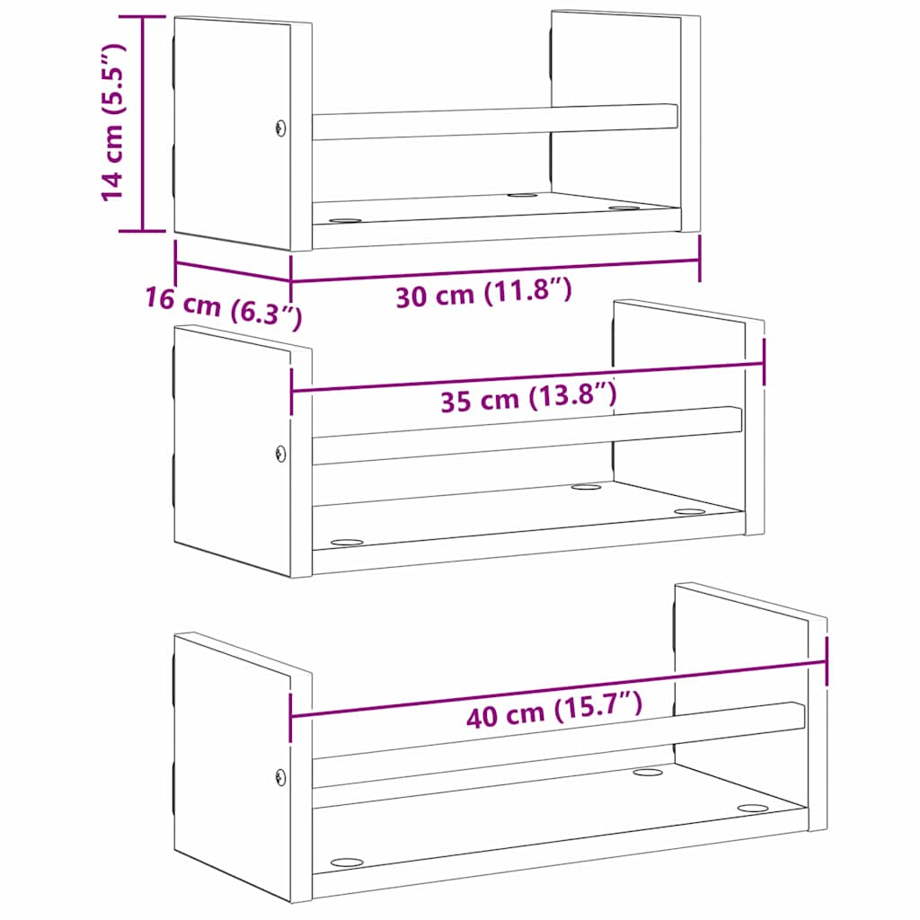 vidaXL Σετ ραφιών τοίχου με ράφι 3 pcs Παλιό Ξύλο 40x16x14εκ.