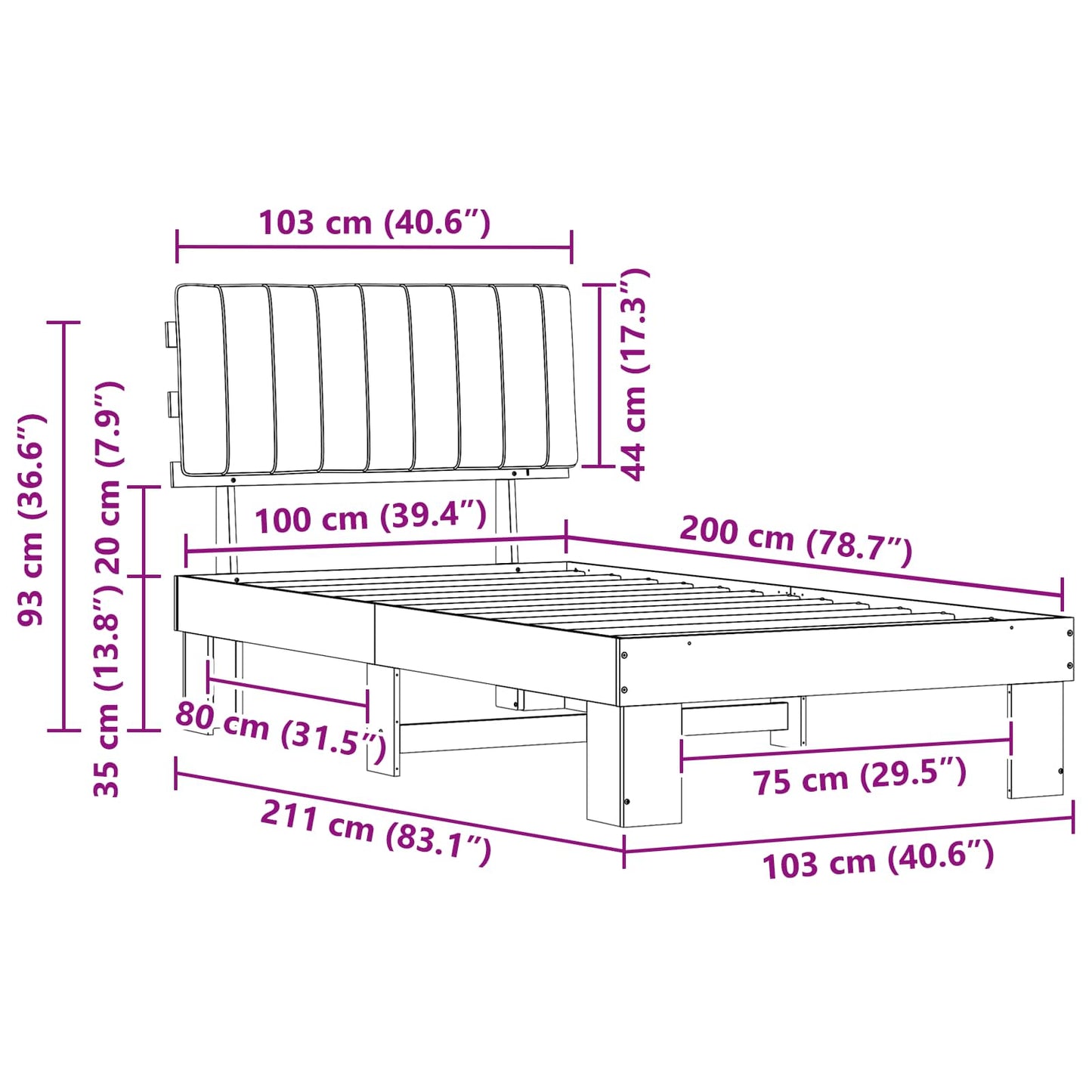 vidaXL Σκελετός Κρεβατιού με Επενδεδυμένο Κεφαλάρι Μαύρο 100 x 200 cm