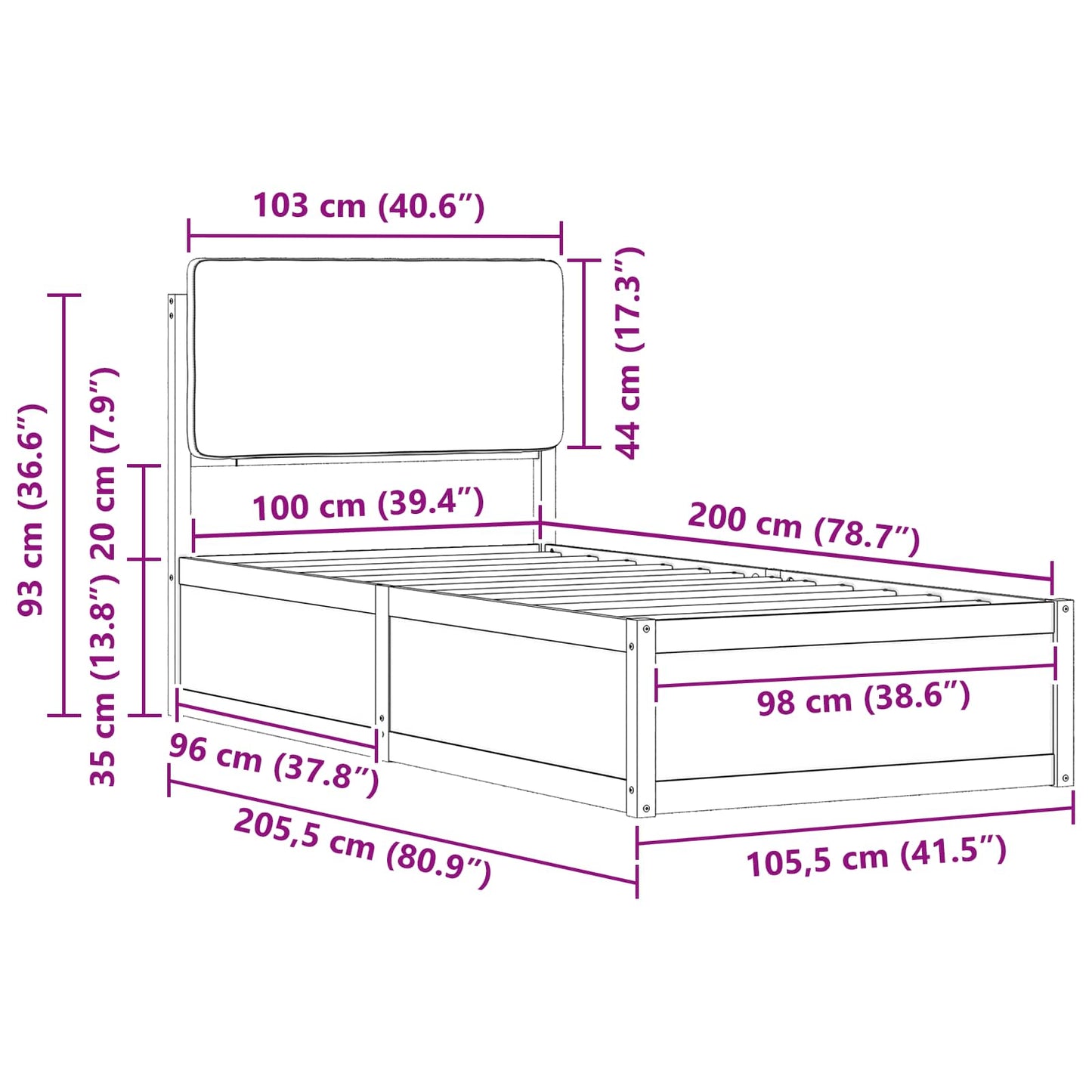 vidaXL Σκελετός Κρεβατιού με Επενδεδυμένο Κεφαλάρι Μαύρο 100 x 200 cm
