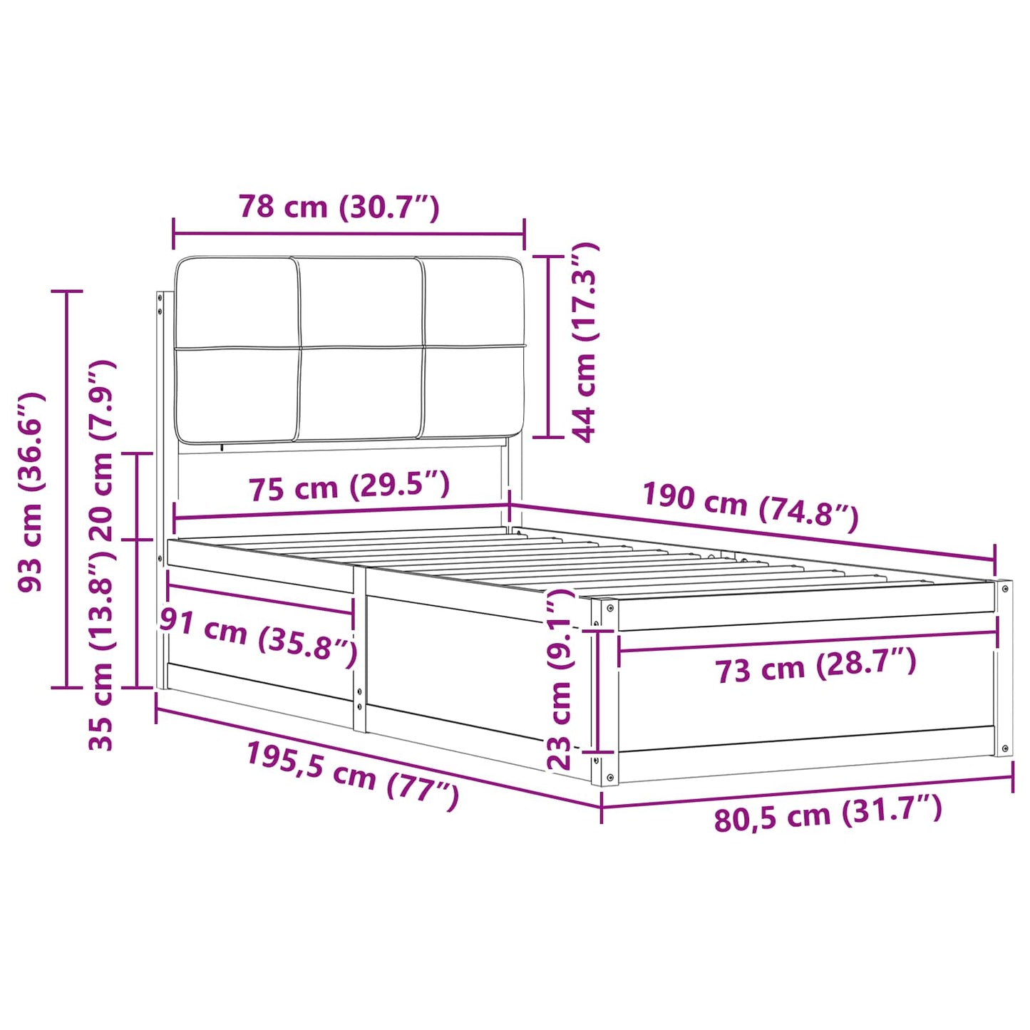 vidaXL Σκελετός Κρεβατιού με Επενδεδυμένο Κεφαλάρι Taupe 75 x 190 cm