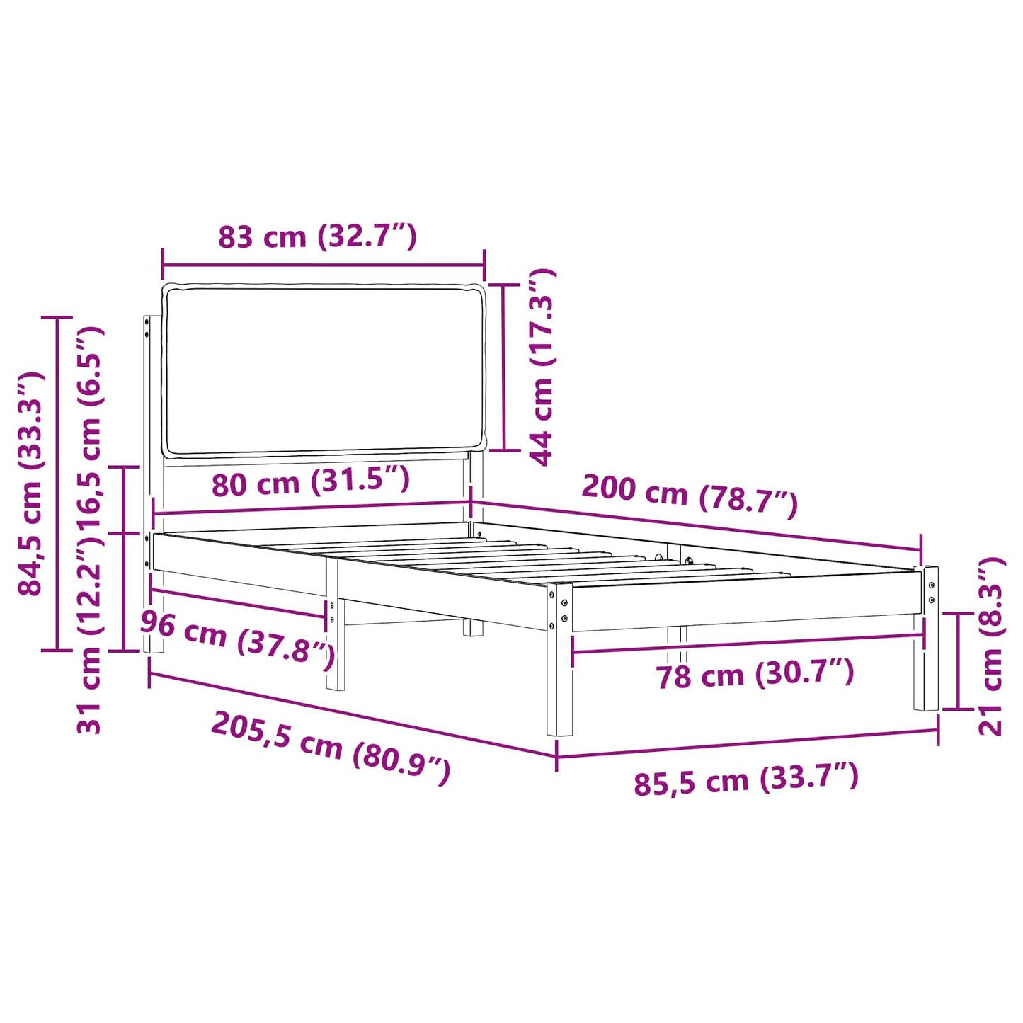 vidaXL Σκελετός Κρεβατιού με Επενδεδυμένο Κεφαλάρι Μαύρο 80 x 200 cm