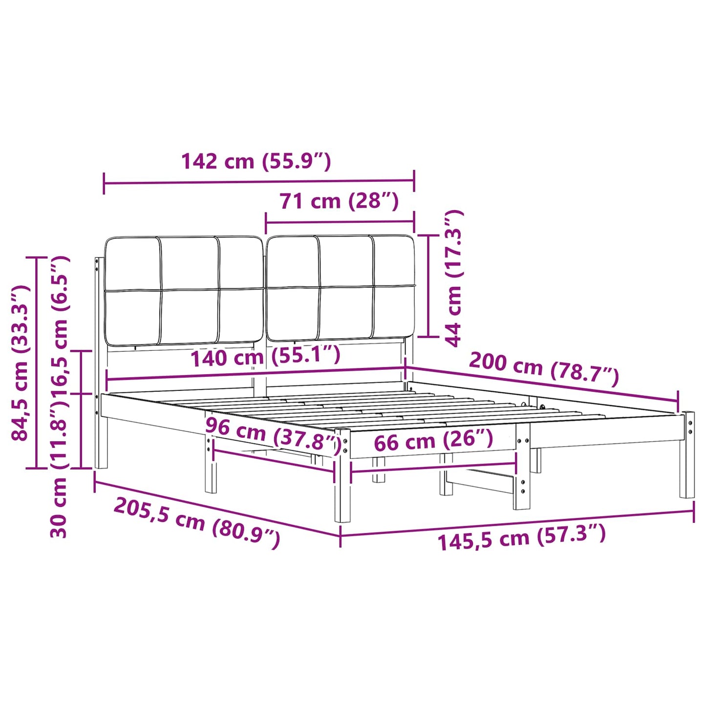 vidaXL Σκελετός Κρεβατιού με Επενδεδυμένο Κεφαλάρι Μαύρο 140 x 200 cm