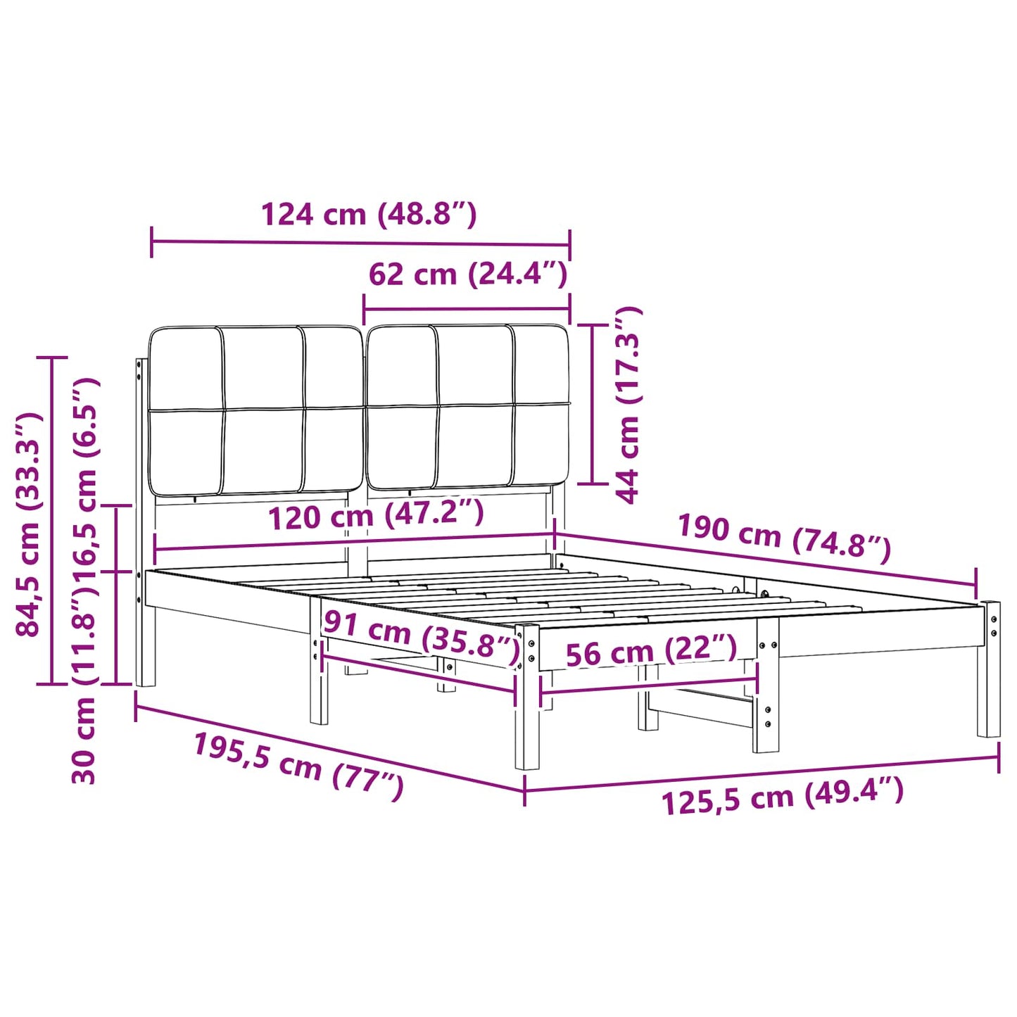 vidaXL Σκελετός Κρεβατιού με Επενδεδυμένο Κεφαλάρι Μαύρο 120 x 190 cm