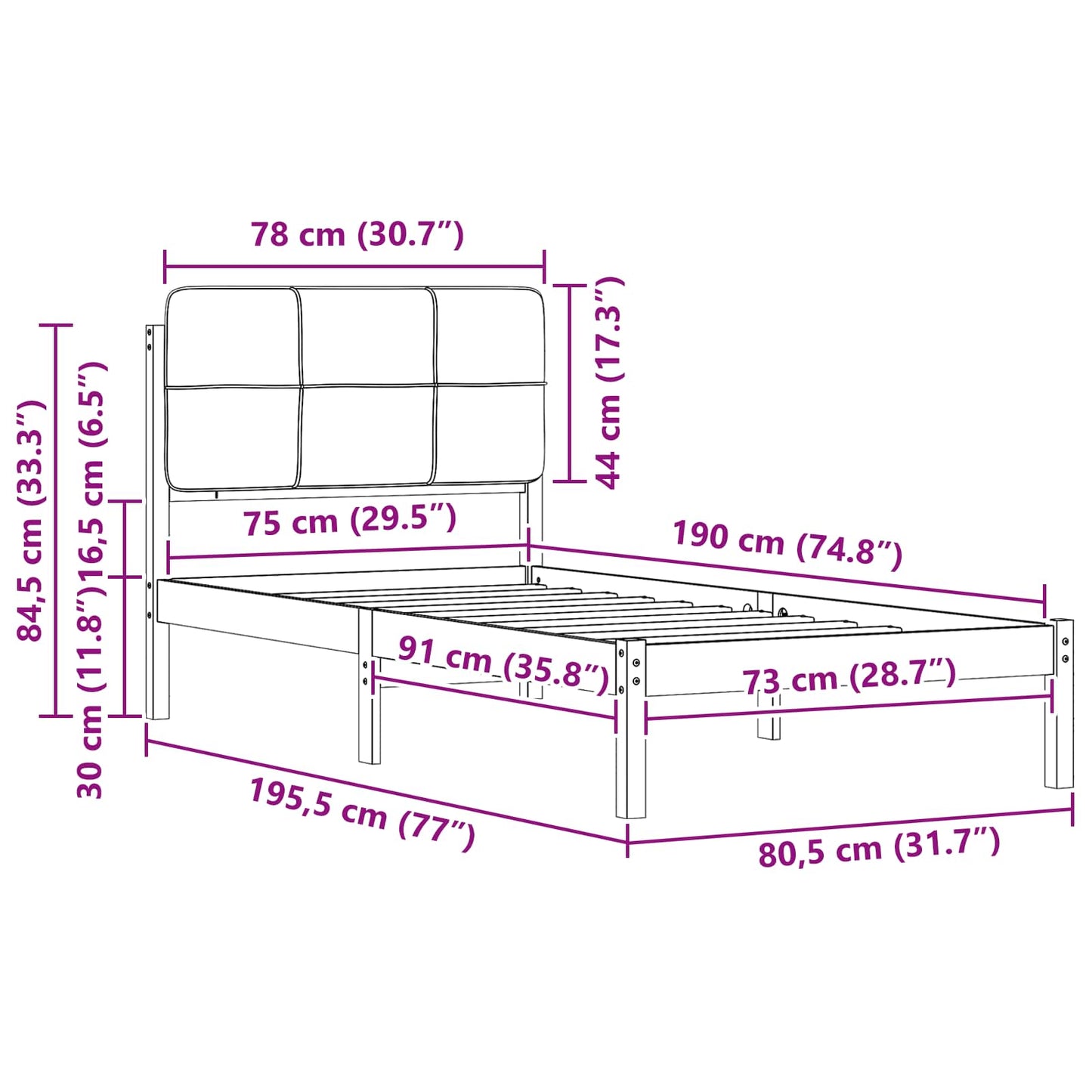 vidaXL Σκελετός Κρεβατιού με Επενδεδυμένο Κεφαλάρι Μαύρο 75 x 190 cm
