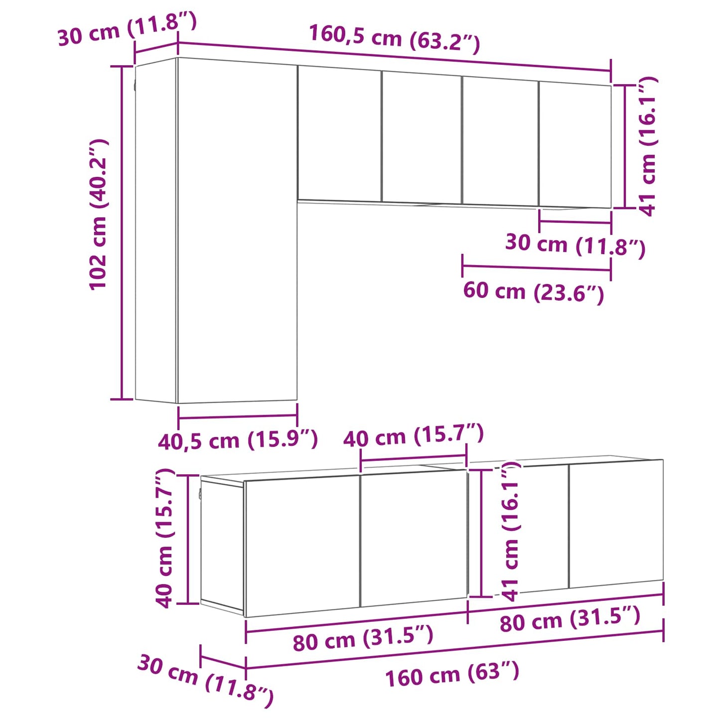 vidaXL Μονάδα Τοίχου Τηλεόρασης 5 pcs Παλιό Ξύλο Επεξεργασμένο ξύλο