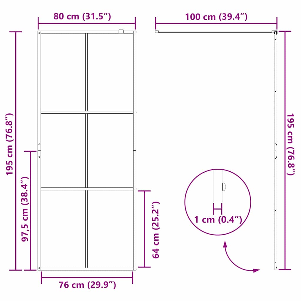vidaXL Τοίχος Ντους Walk-in Μαύρο 80 x 195 cm σκληρυμένο γυαλί