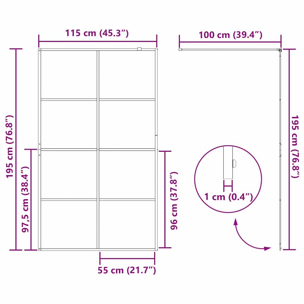 vidaXL Τοίχος Ντους Walk-in Μαύρο 115 x 195 cm σκληρυμένο γυαλί