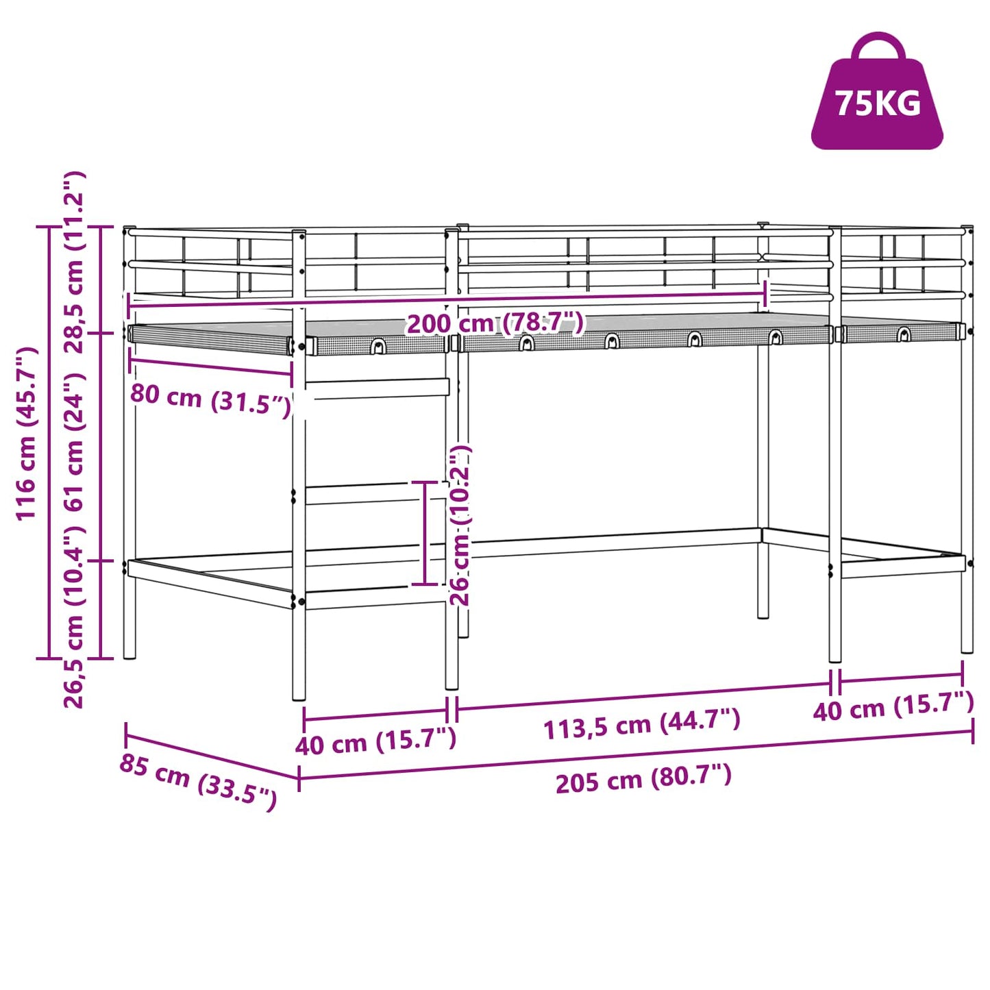 vidaXL Κρεβάτι κουκέτας για παιδιά Μαύρο 79,5 x 200 εκ. Ατσάλι