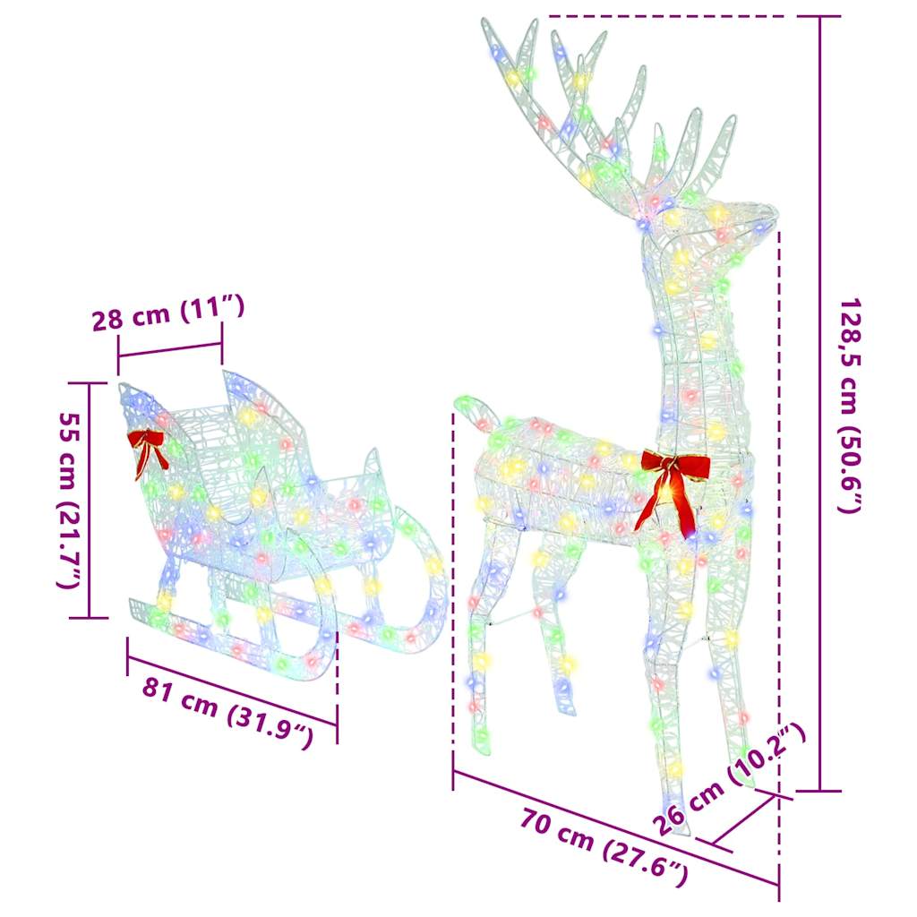 vidaXL Έλκηθρο με Ελάφια πολύχρωμο 70 x 26 x 128,5 εκ Ακρυλικό
