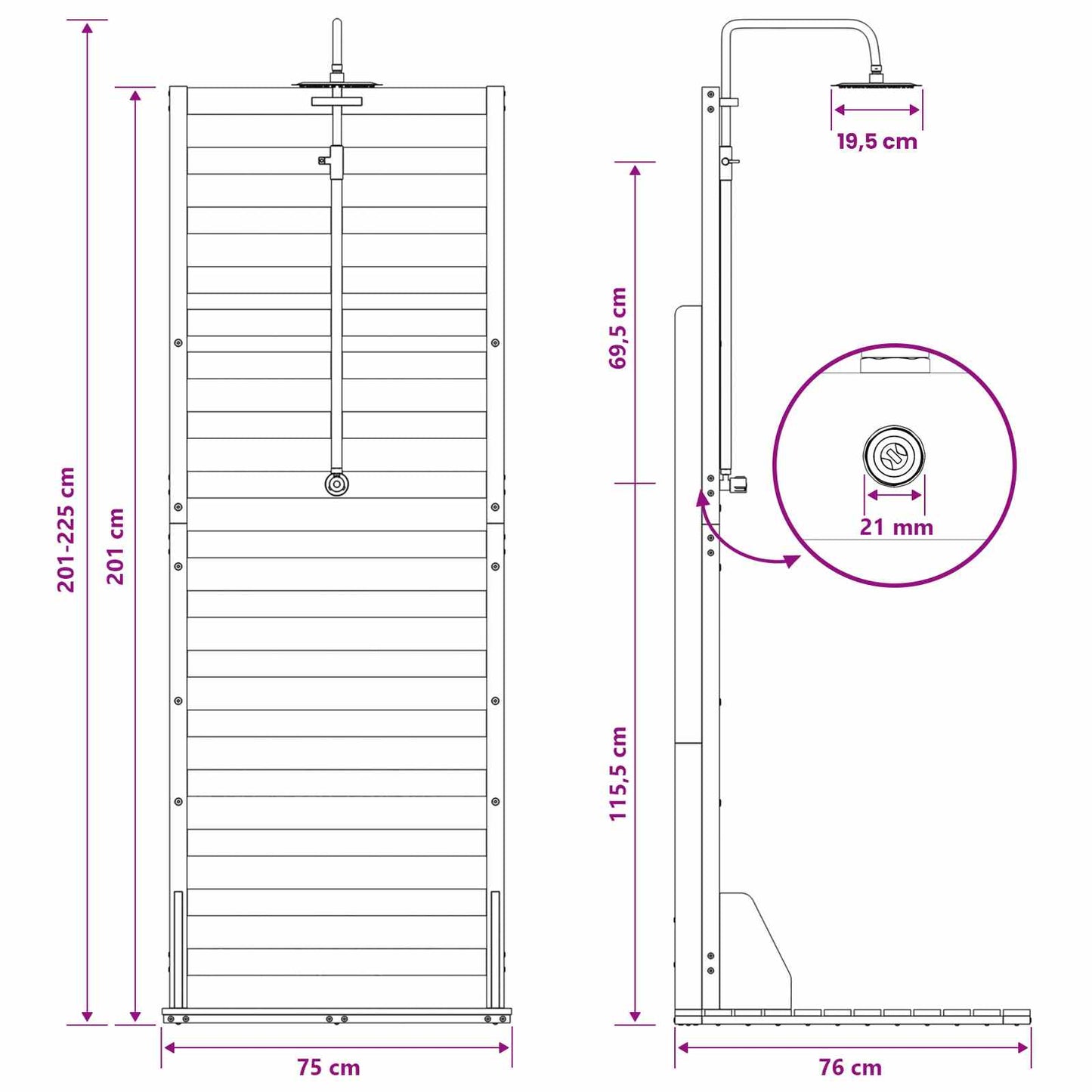 vidaXL Εξωτερικό ντους 225 cm Μασίφ ξύλο πεύκου και ανοξείδωτο ατσάλι