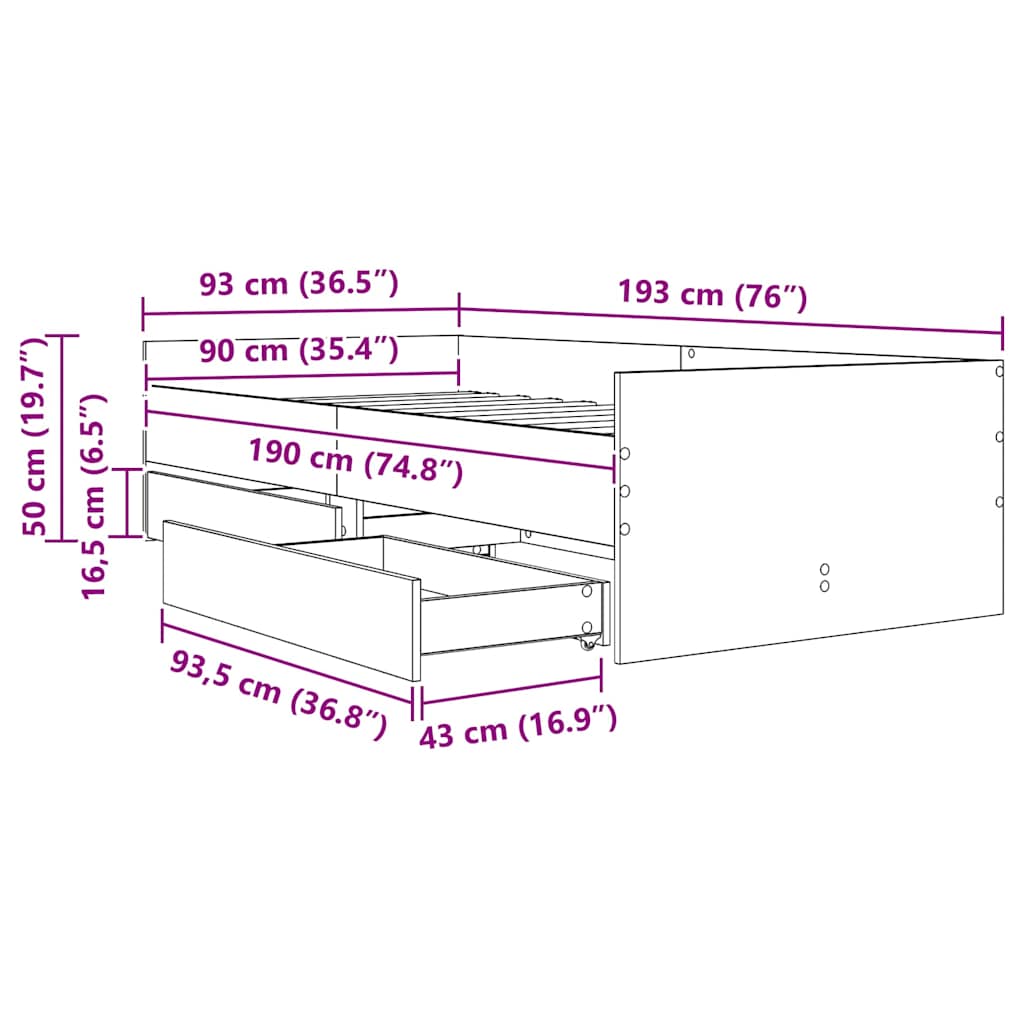 vidaXL Σκελετός Κρεβατιού Artisan Oak 90 x 190 cm Στερεά ξυλεία πεύκου