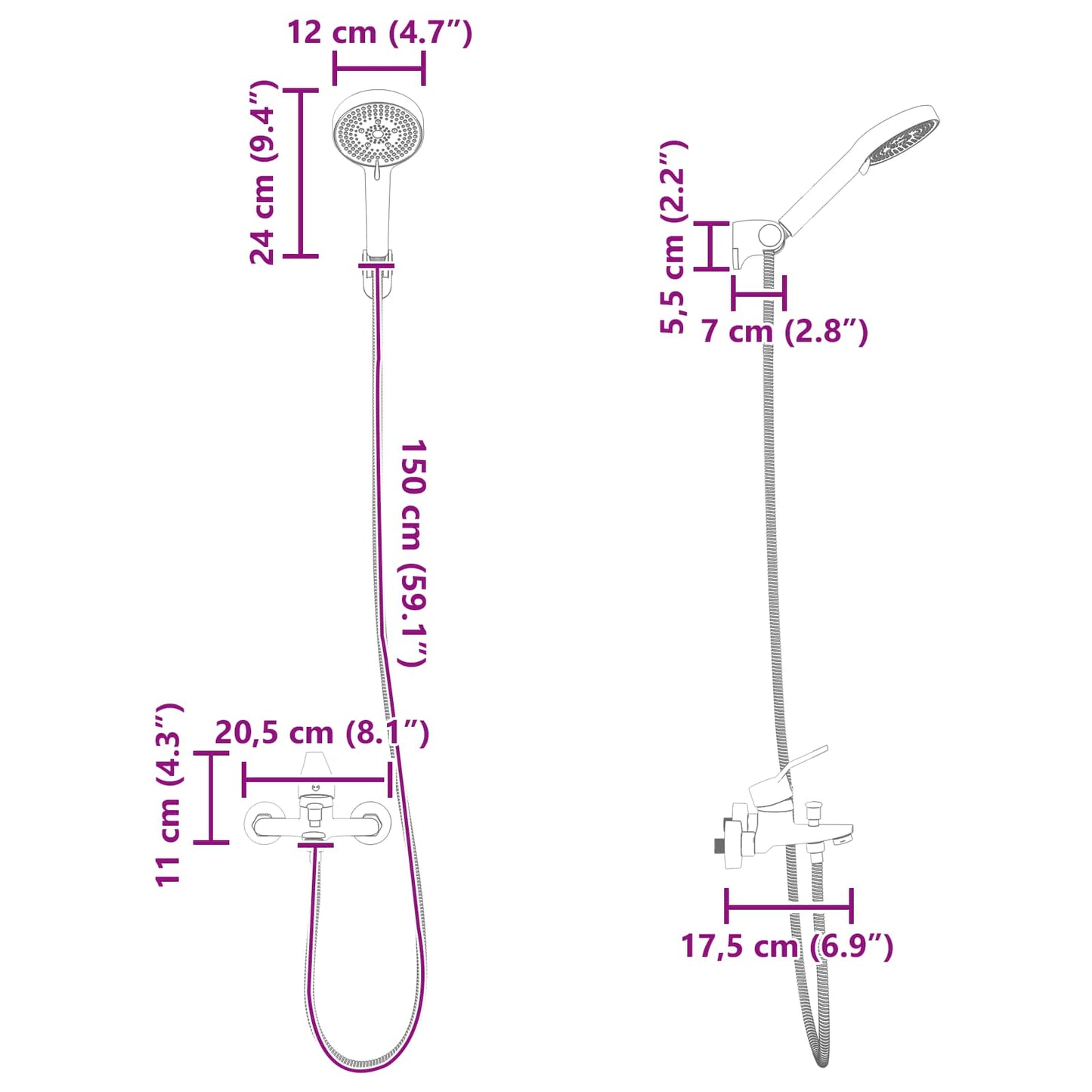 vidaXL Σετ Κεφαλής Ντους Μαύρο G 1 / 2 ίντσες