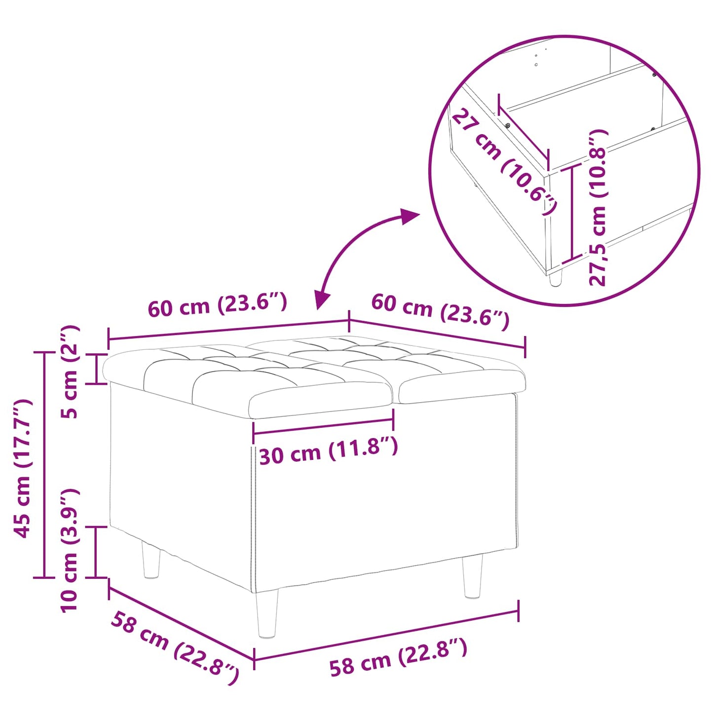 vidaXL Οθωμανικό αποθήκευσης Λευκός 60 x 60 x 45 cm Τεχνητό δέρμα