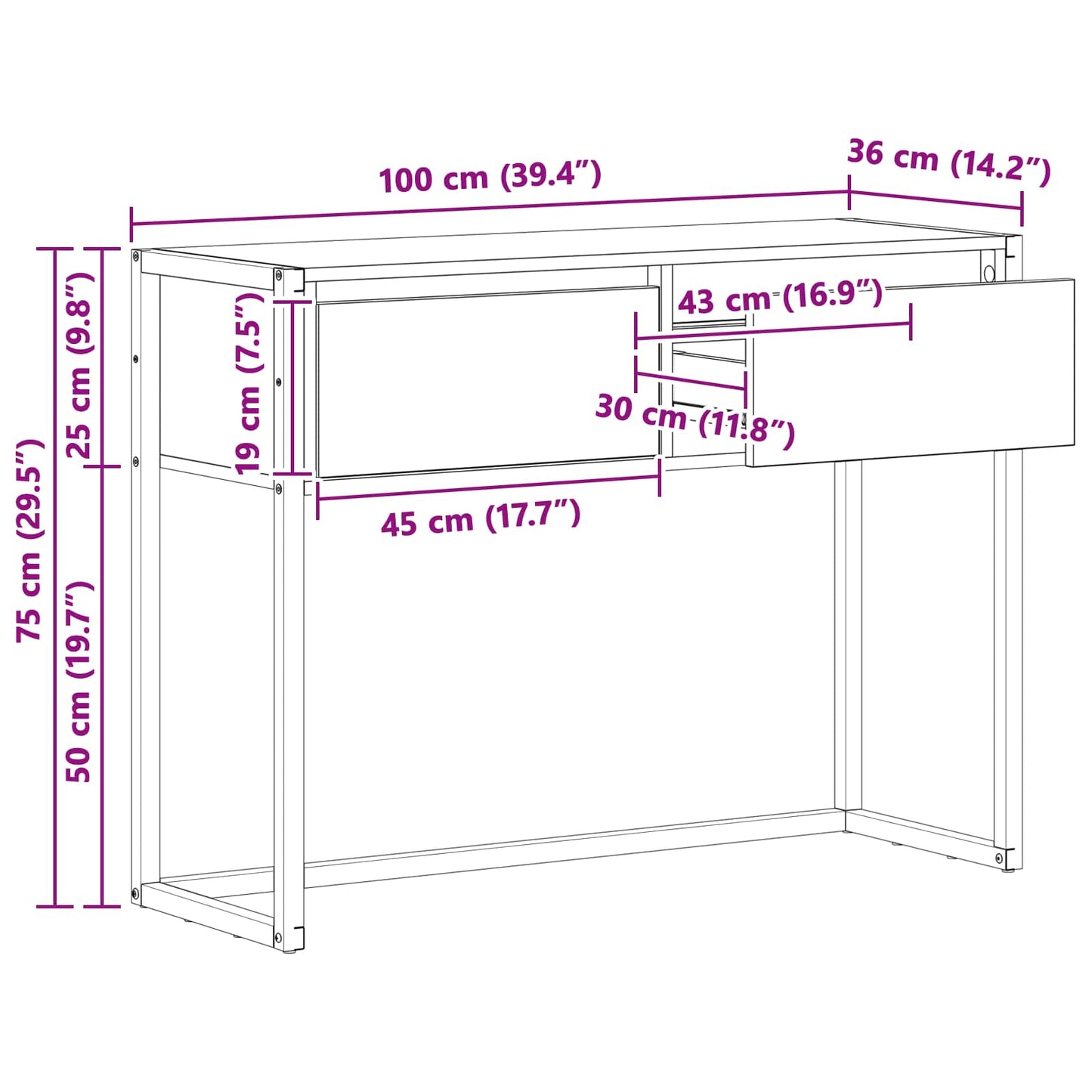 vidaXL End Table Μαύρη Οξυά 100 x 36 x 75 εκ. Επεξεργασμένο ξύλο