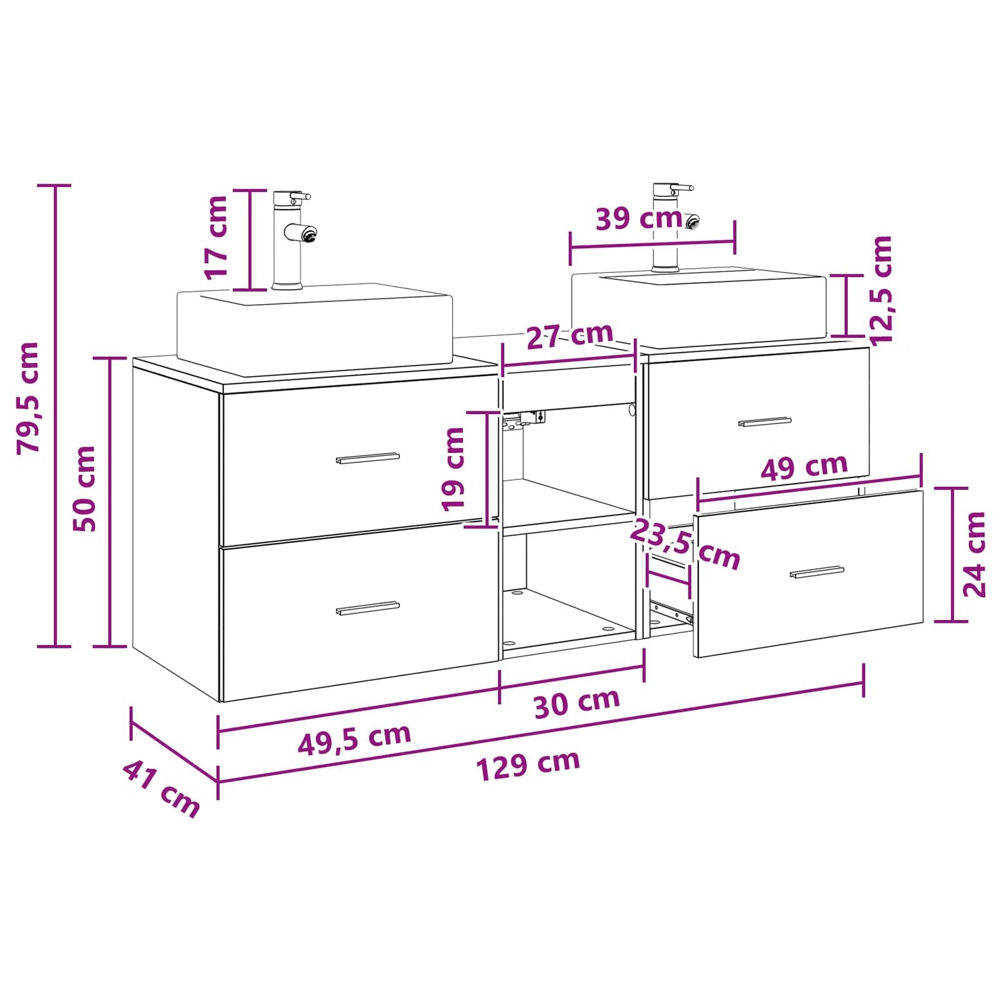 vidaXL Σετ Ντουλαπιών Μπάνιου 3 τμχ. Sonoma Δρυς 129 x 41 x 79,5 εκ.