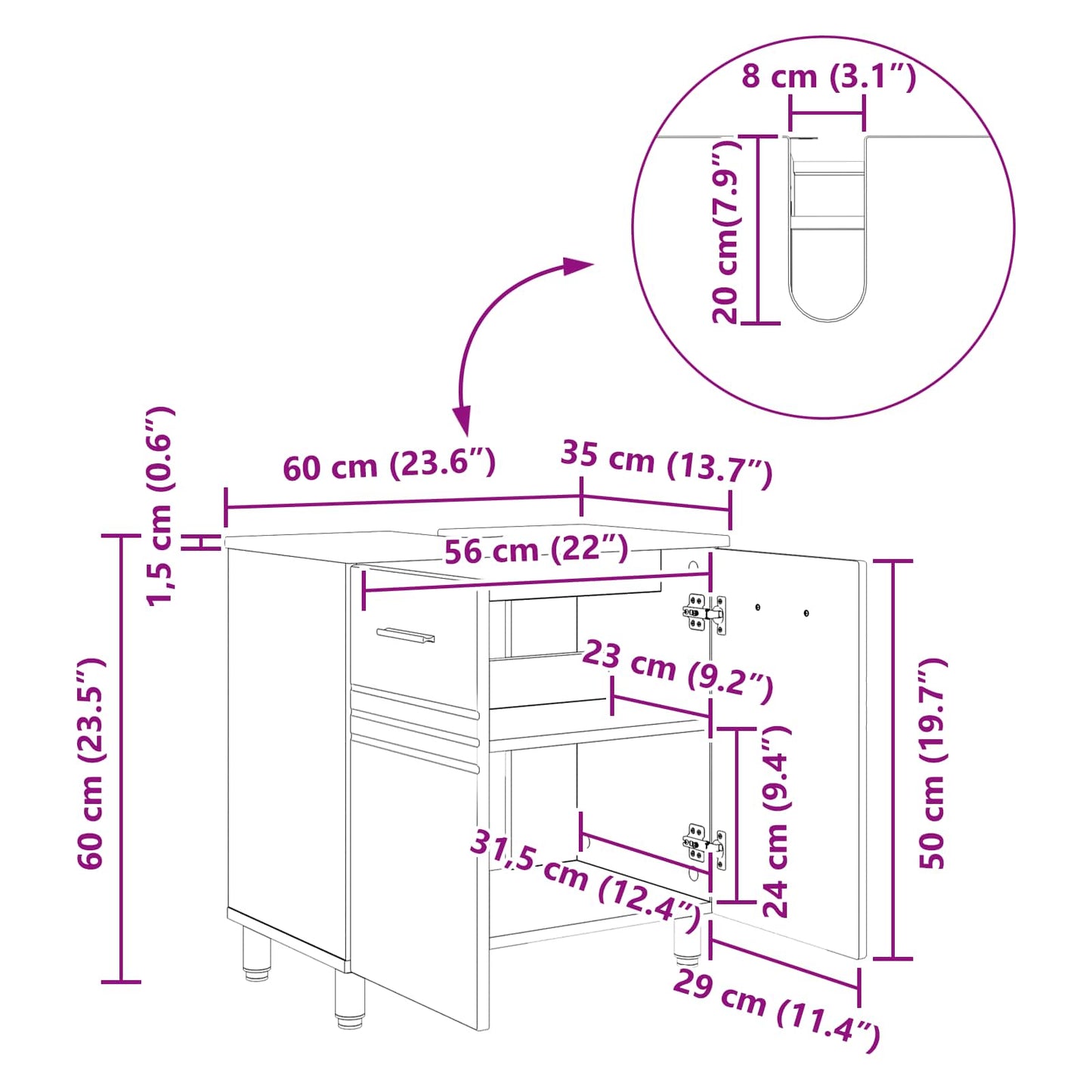 vidaXL Έπιπλο μπάνιου Γκρι Sonoma 60 x 35 x 60 εκ. Επεξεργασμένο Ξύλο