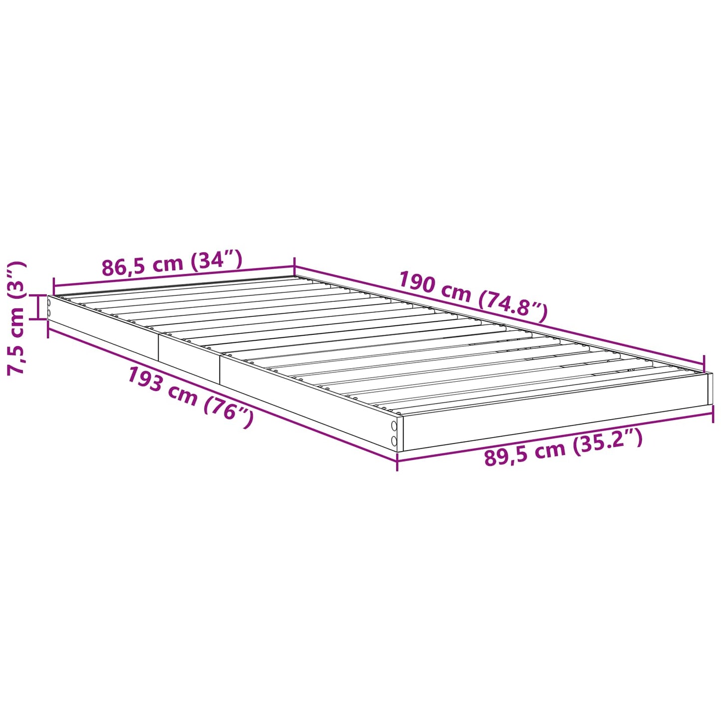 vidaXL Κρεβάτι δαπέδου Σκυρόδεμα Γκρι 90 x 190 cm Επεξεργασμένο Ξύλο
